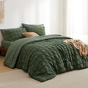 Bedsure Bed in a Bag Full - 7 Pieces Plaid Seersucker Bedding Comforter Sets, Soft Lightweight Olive Green Boho Bed Set with Comforters Full Size, Sheets, Pillowcases & Shams
