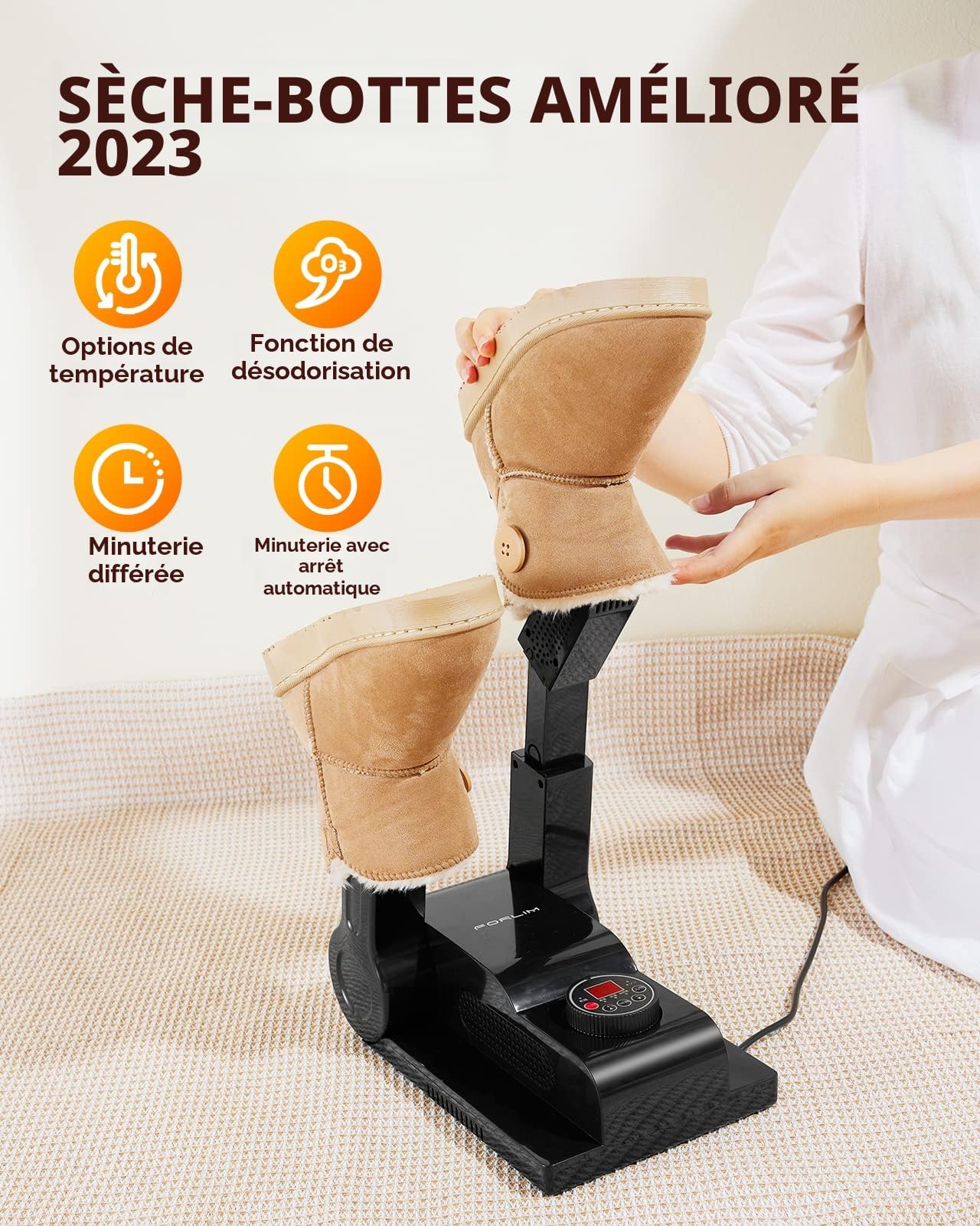 FORLIM Sèche-Chaussures à température réglable, avec minuterie de 24 Heures, sèche-Gants Portable et Chauffe-Bottes, minuterie d'arrêt Automatique, Design Pliable, Panneau Intelligent (Noir)