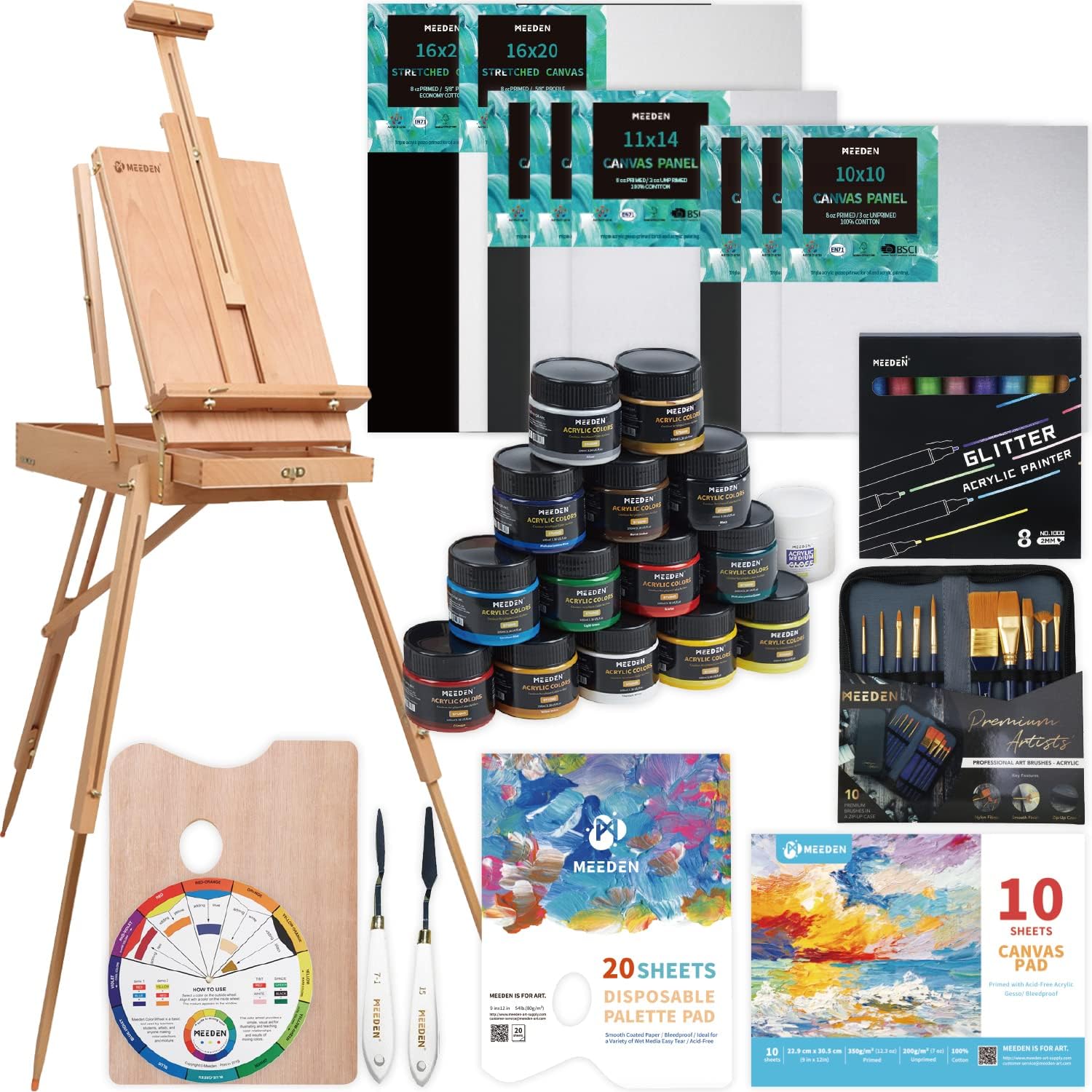 MEEDEN Deluxe Acrylic Painting Set, Art Painting Kit with French Easel, 15-100ML Acrylic Paints, Paintbrushes, Stretched Canvases, Artist French Easel Sets for Painting for Adults, Teens & Artists