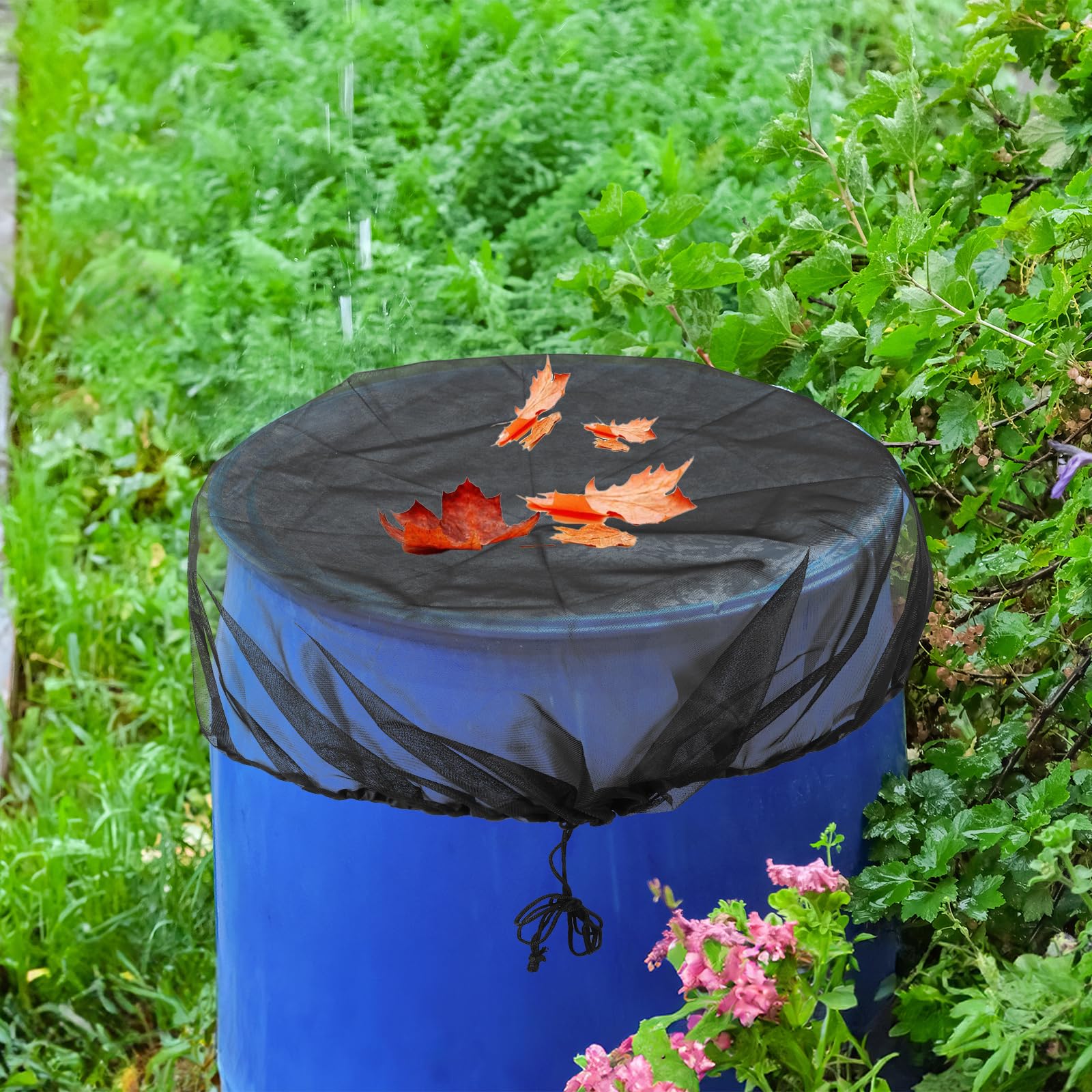 100 cm Water Butt Fine Mesh Pokrowiec na beczkę przeciwdeszczową Filtr ze sznurkiem, wielokrotnego użytku pokrywa netto do zapobiegania atakowaniu liści gruzu małe obiekty