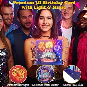 Omgpeike Musical Birthday Card,3D Pop-Up Greeting Card with Fireworks, LED Lights & Sound, Unique Birthday Gift for Mom, Dad, Friends, Kids