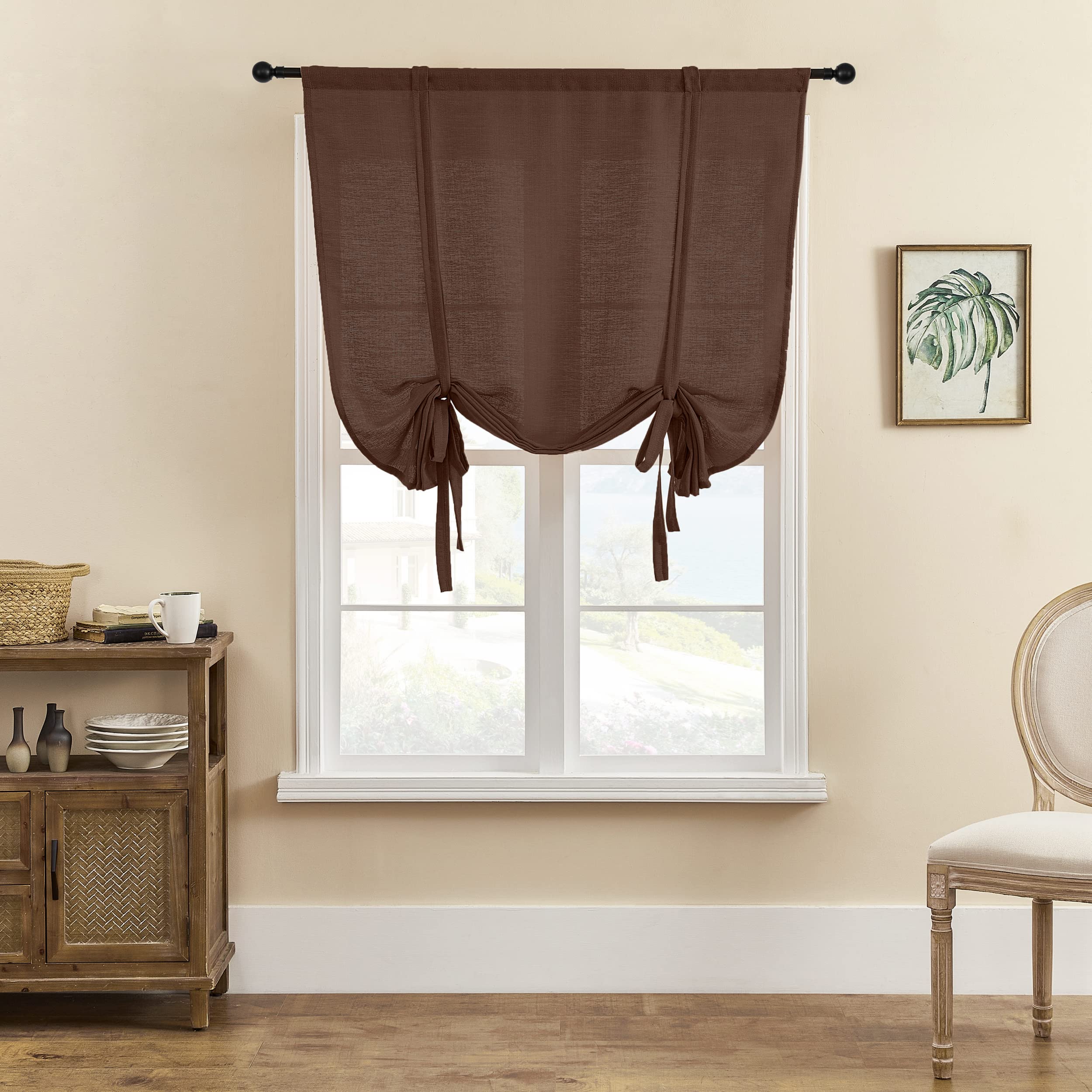 SIMPVALE 1 Piece Roman Blinds Tulle Tie Up Sheer Curtains with Rod Pocket Translucent Voile Curtain for Living Room Bedroom Balcony Kitchen Bathroom, Coffee, 60x140cm