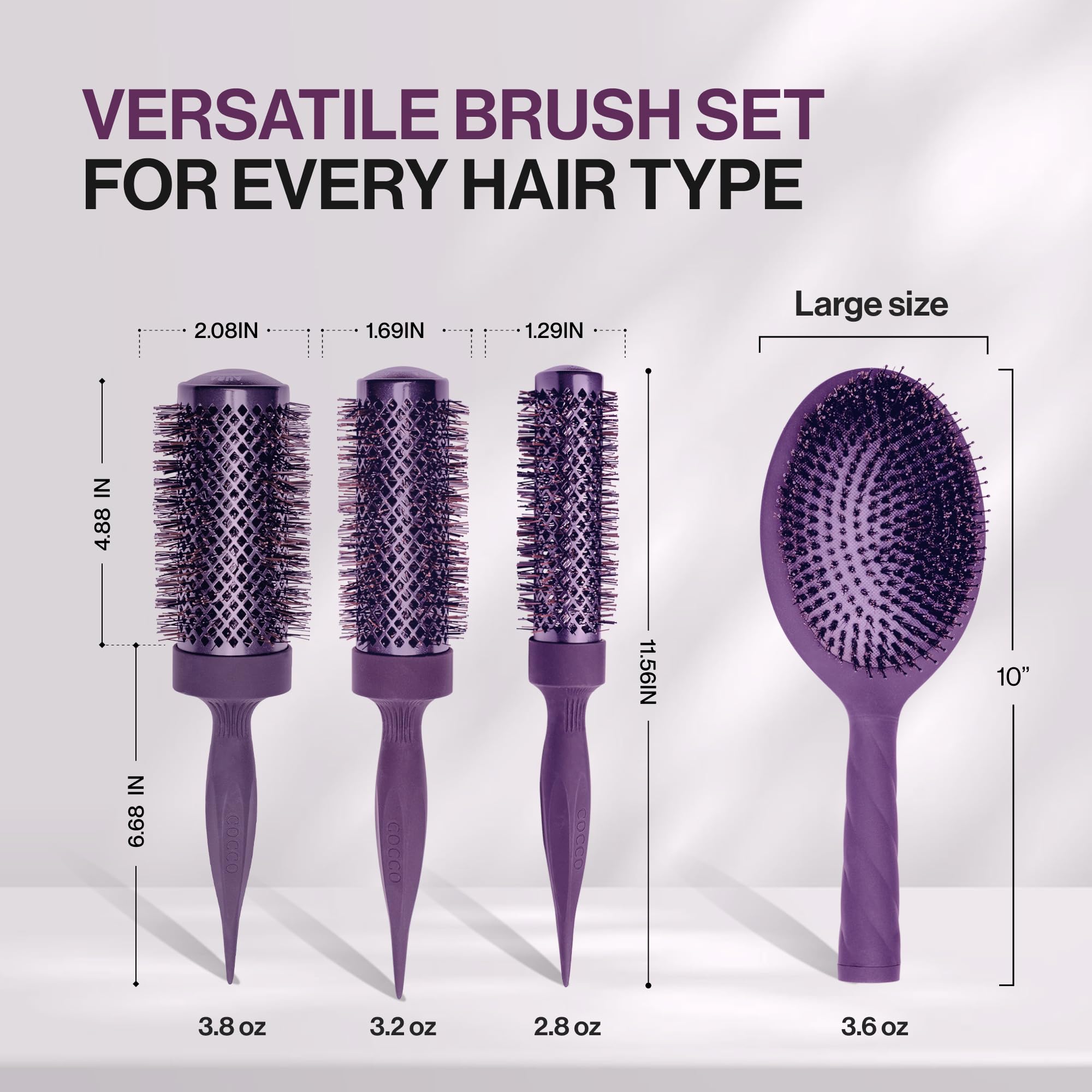 COCCO Aura Brush - Juego de cepillos redondos y de cerámica para mujer, secado y control del encrespamiento, cerdas de turmalina, agarre ergonómico, juego de peinado completo, color morado