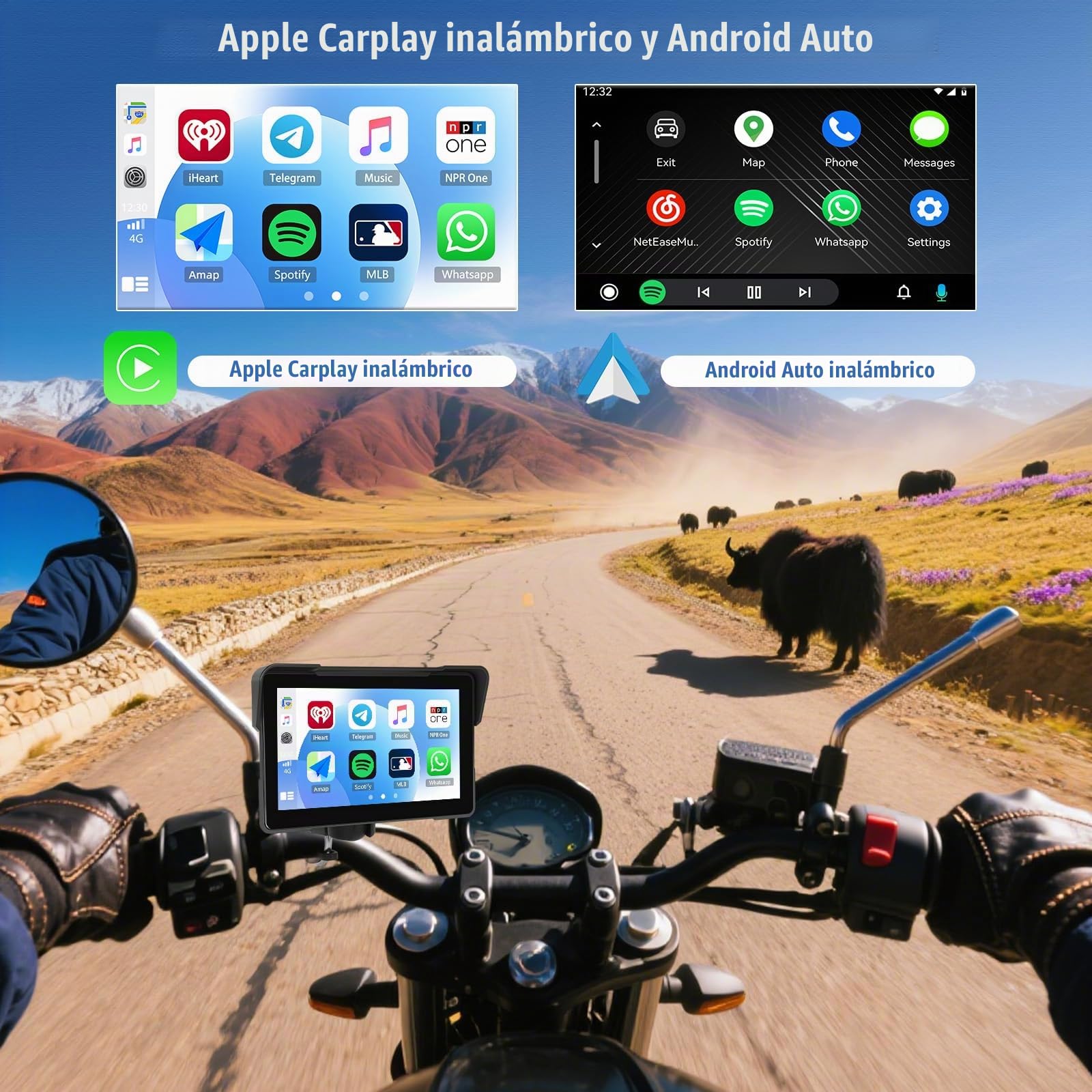 SIXWIN Pantalla Carplay Moto con inalámbrico Carplay Android Auto, 7 Pulgadas con IPx7 Impermeable Táctil Pantalla, Bluetooth, Navegación GPS, Siri y Asistente de G00gle