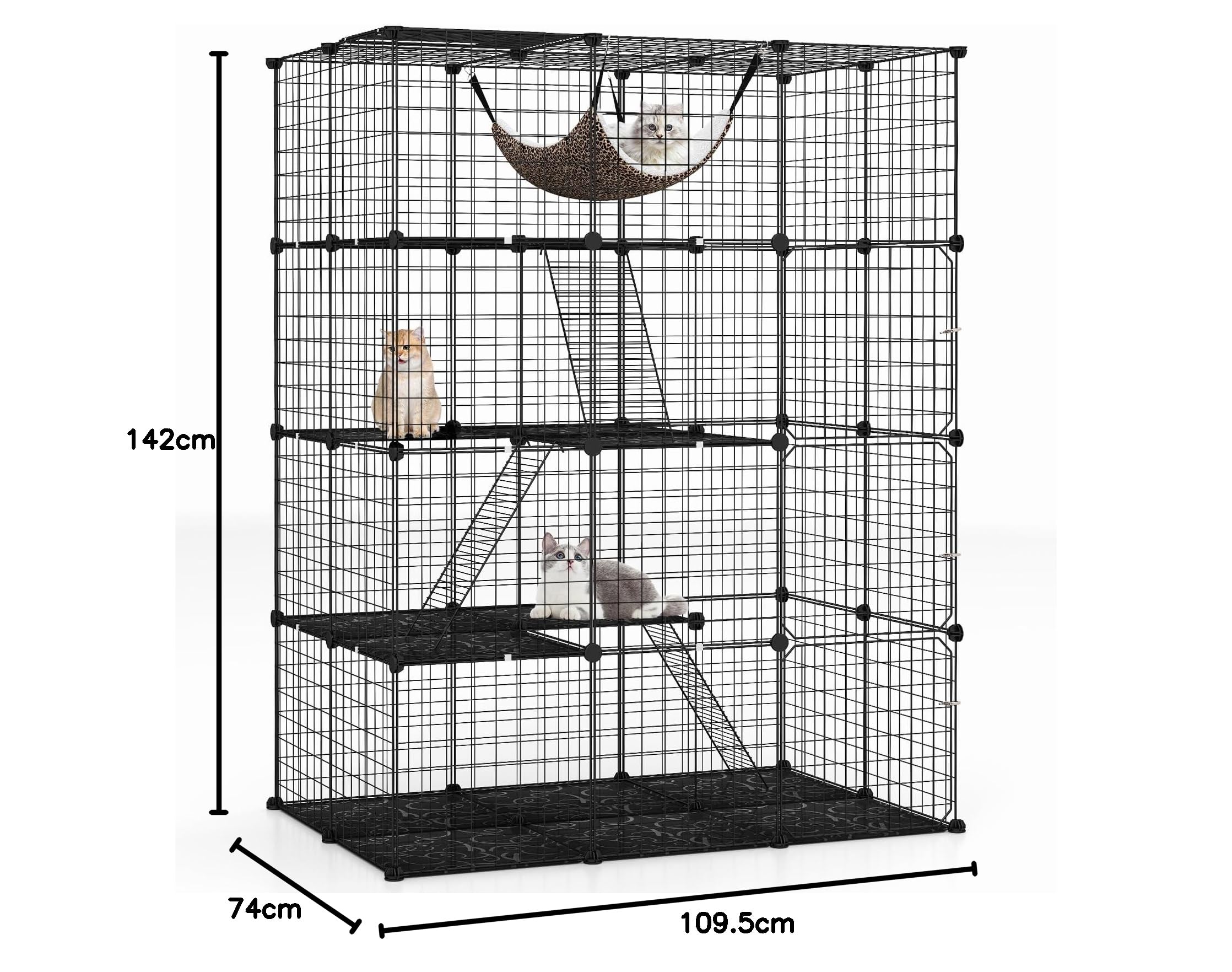 GYMAX Casa Gabbia per Gatti a più Livelli, in Metallo, Recinto per Gatti con Amaca Rimovibile, Porta, Scale, Parco in Metallo per Animali Domestici per Conigli e Cuccioli (109,5 x 74 x 142 cm)