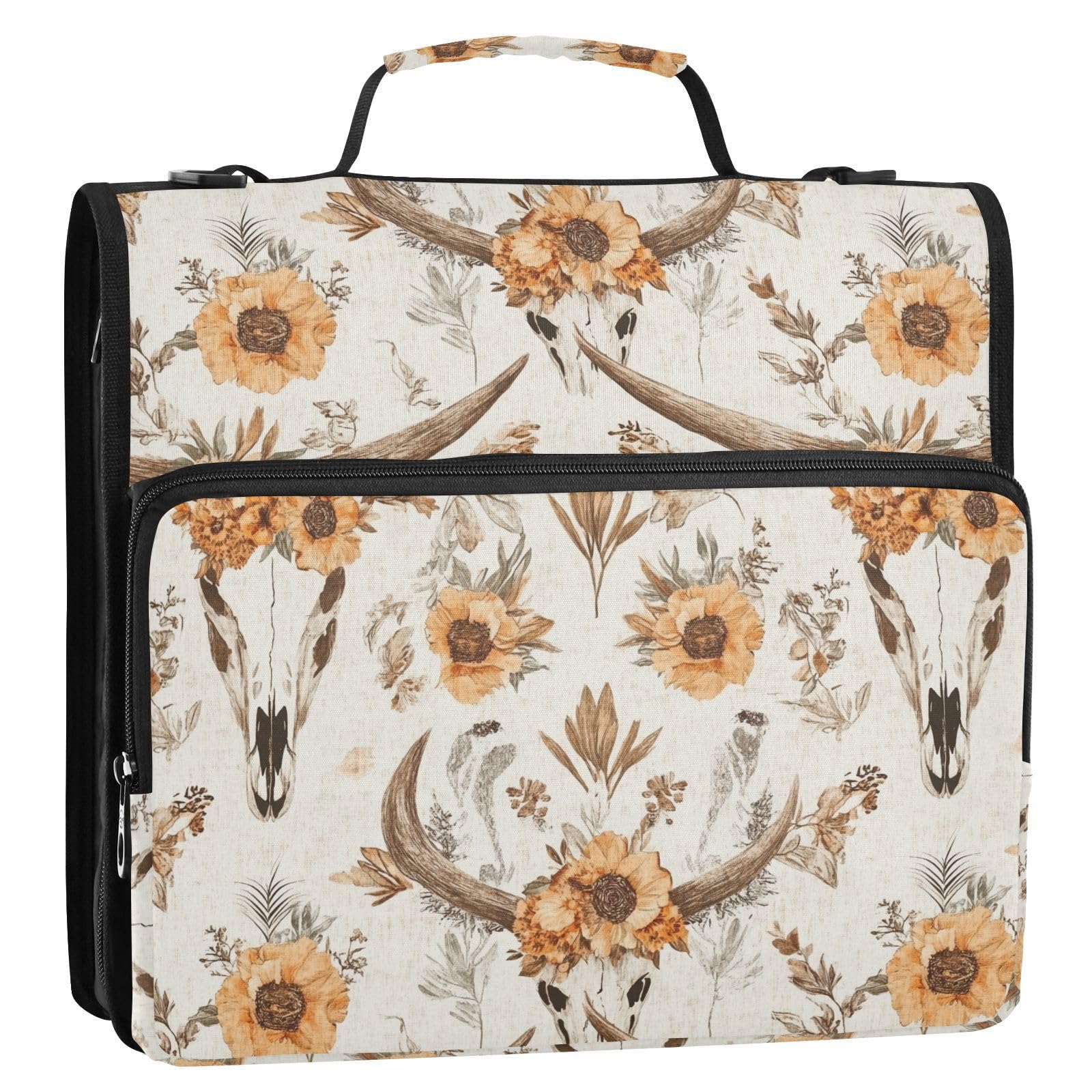 Western Boho Kuh Schädel Blume Reißverschluss Ordner mit Schultergurt Tasche 3 Ring Binder Organizer Große Kapazität Mehrere Fächer für Schule Büro