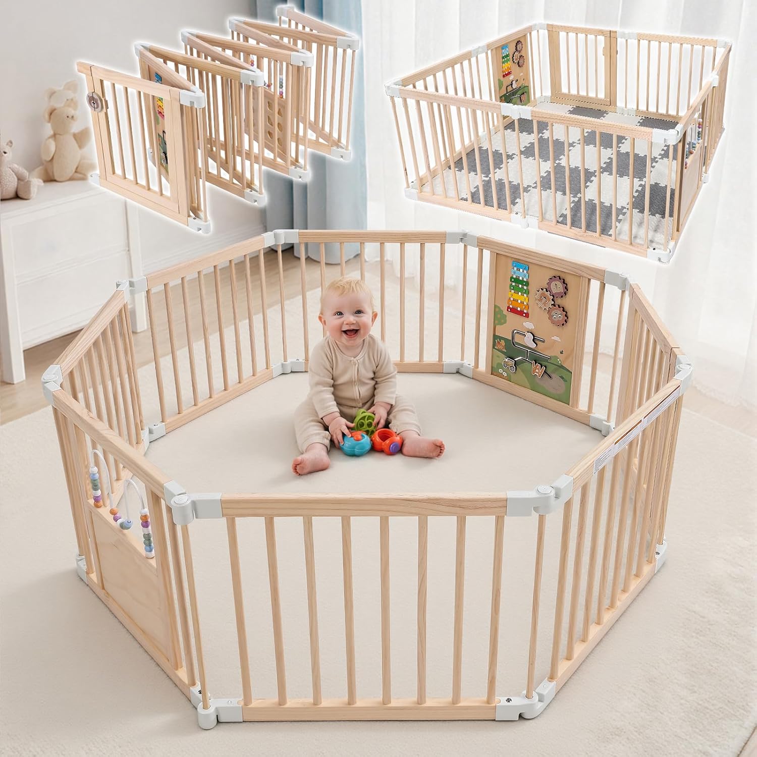 Wooden Baby Playpen with Mat, Foldable Indoor Large Play Yard & Safety Fence with Child-Proof Lock - Easy to Assemble, Easter/Birthday Gift for Toddlers (85 * 28 * 25 Inch)