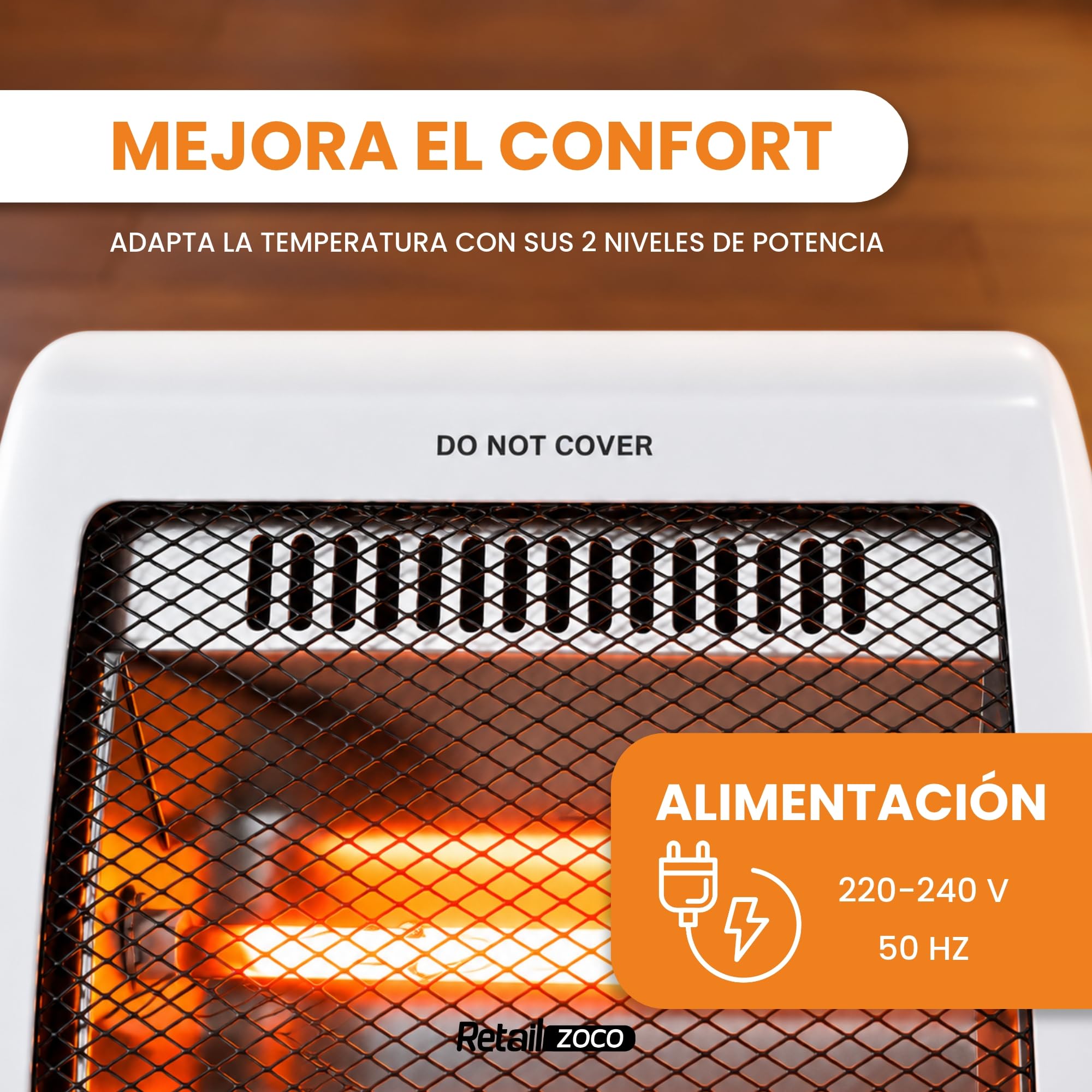 Estufa Halógena Eléctrica 400/800 W Portátil con Antivuelco, Blanca - imagen 4
