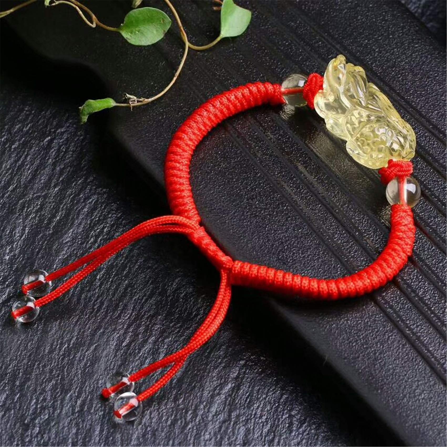 Pulsera de la Suerte, Pulsera Feng Shui, Cristal Citrino, Hilo Rojo, Amuleto Pi Yao, Ajustable, Hecho a Mano, talismán Budista para Riqueza y Buena Suerte.