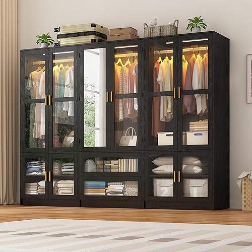 6 Doors Armoire Wardrobe Closet with LED and Mirror,71" H Freestanding Wooden Wardrobe Closet Cabinet for Bedroom w 2 Drawers,Wooden Clothing Storage Cabinet w Hanging Rod,Closets for Bedroom(Black)