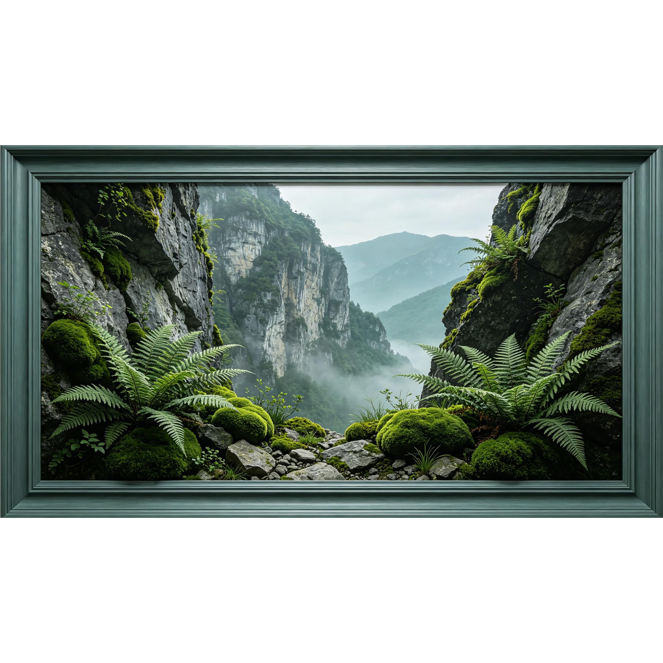 QZLITHOTIC 50x90cm3D Framed Wall Art， Mountain Valley Fern Landscape SelfAdhesive Mural， WaterActivated Peel & Stick Fabric Decor Wall Decal for Bedroom Living Room