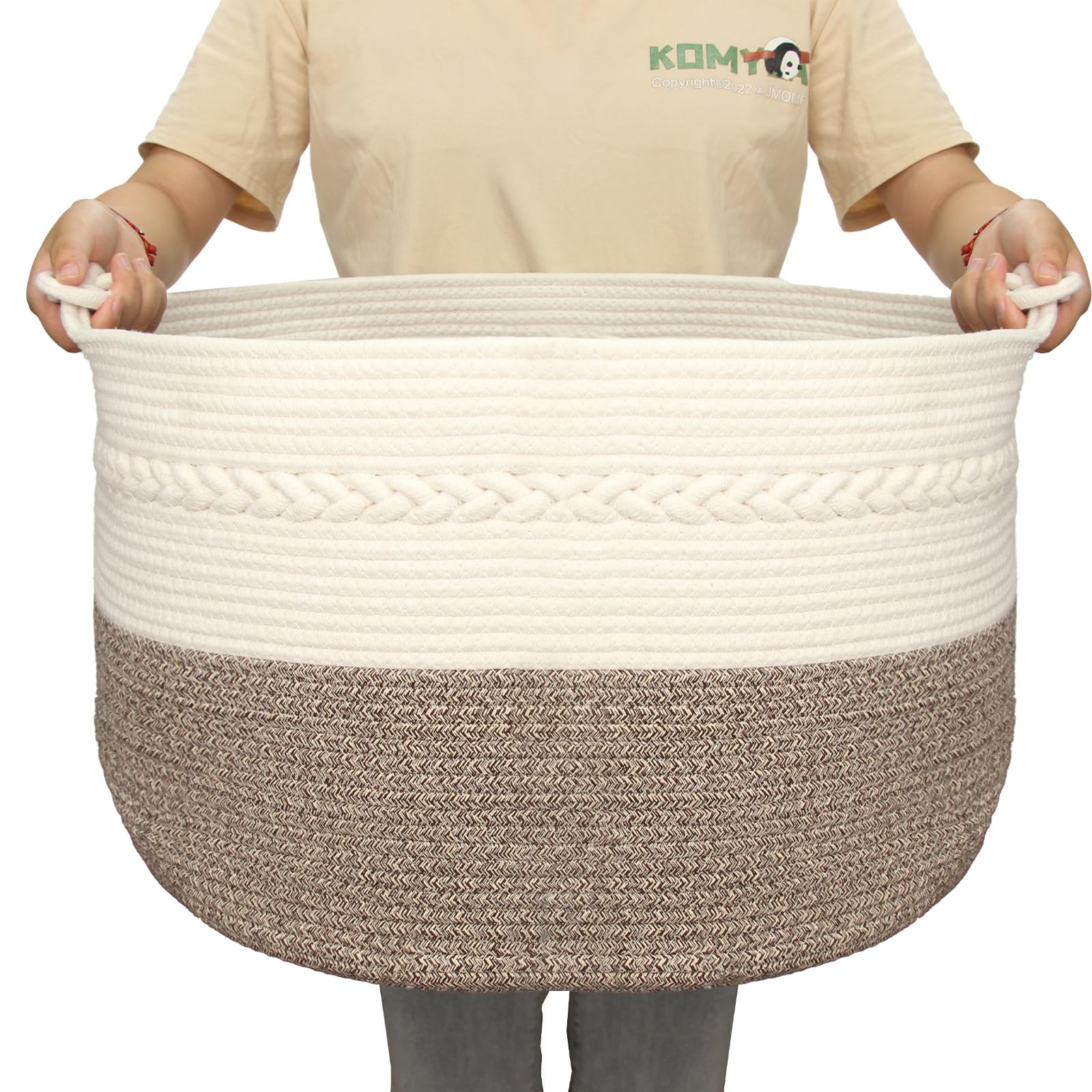 Goodheim Großer Wäschekorb aus Baumwolle XXL, Geflochtener, faltbarer & waschbarer Aufbewahrungskorb für Wäsche, Handtücher mit Handgefertigten Griffen Braun&Weiß 50x50x33cm