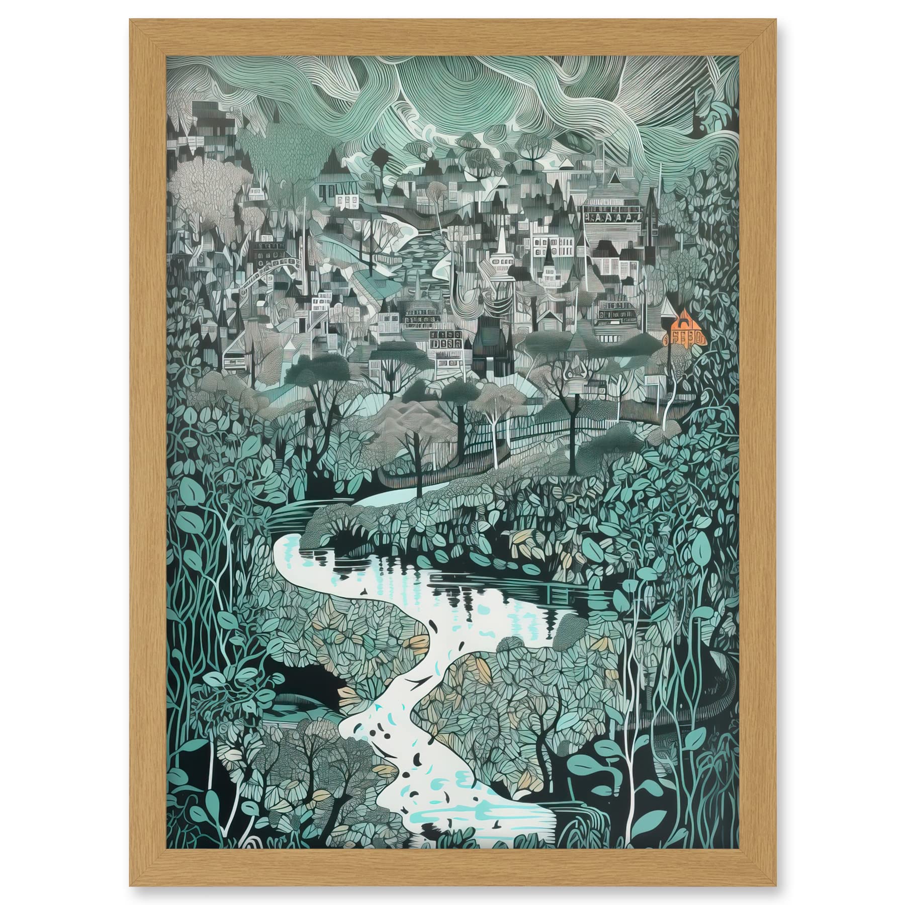 Artery8 Village Near River Forest Landscape Blue Linocut Artwork Framed A3 Wall Art Print