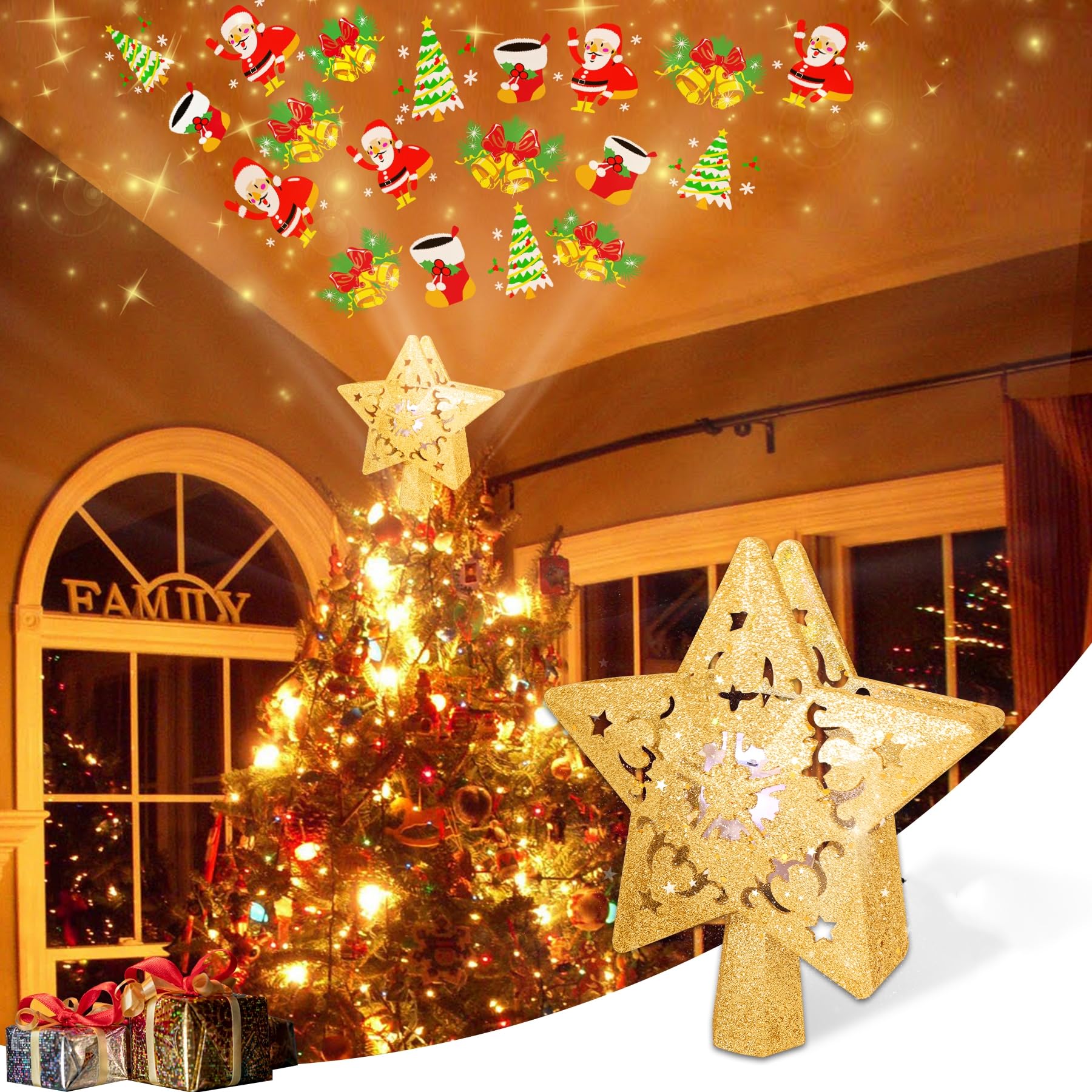iLitLuk Star Christmas Tree Topper Lighted with Built-in Rotating LED Projector Glitter Gold Starburst Ornament Hollow Pentagram Treetop Projection Light for Christmas Decoration New Year Party Decor