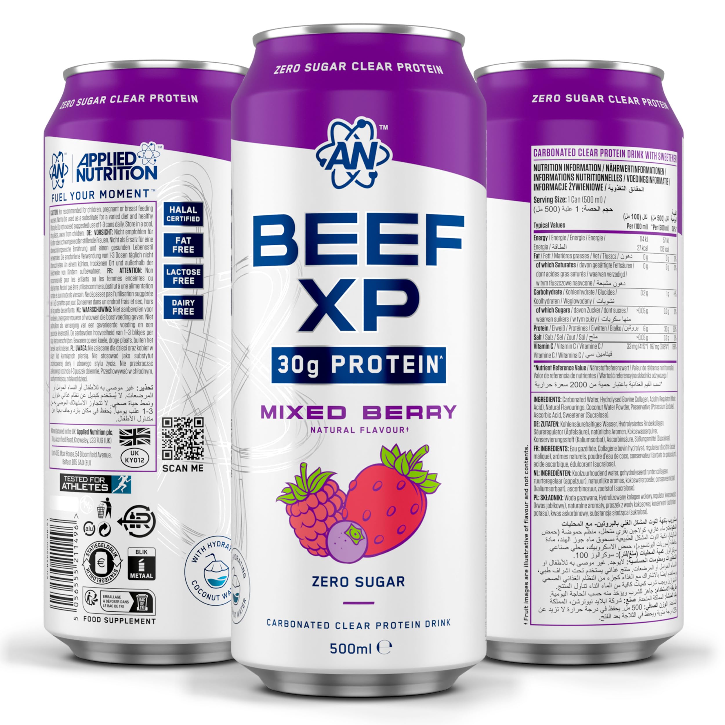 Applied Nutrition Beef-XP Can Drink 30g Clear Protein RTD, ZeroSugar Protein, carbonated protein drink, promotes muscle recovery (12-pack of 500ml cans) (Beerenmischung)