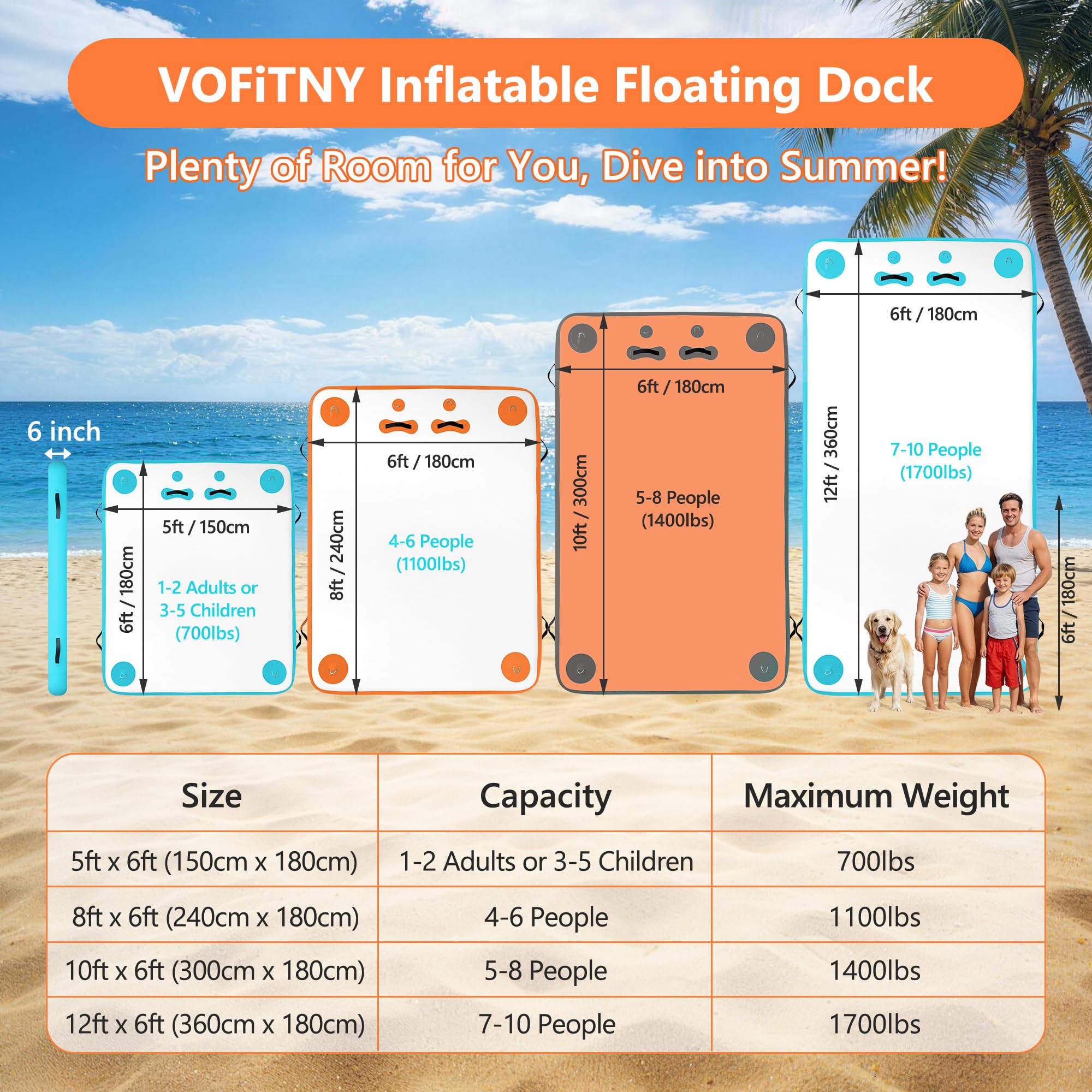 VOFiTNY Série de quai flottant gonflable (2,4 x 1,8 x 15,2 cm, orange)