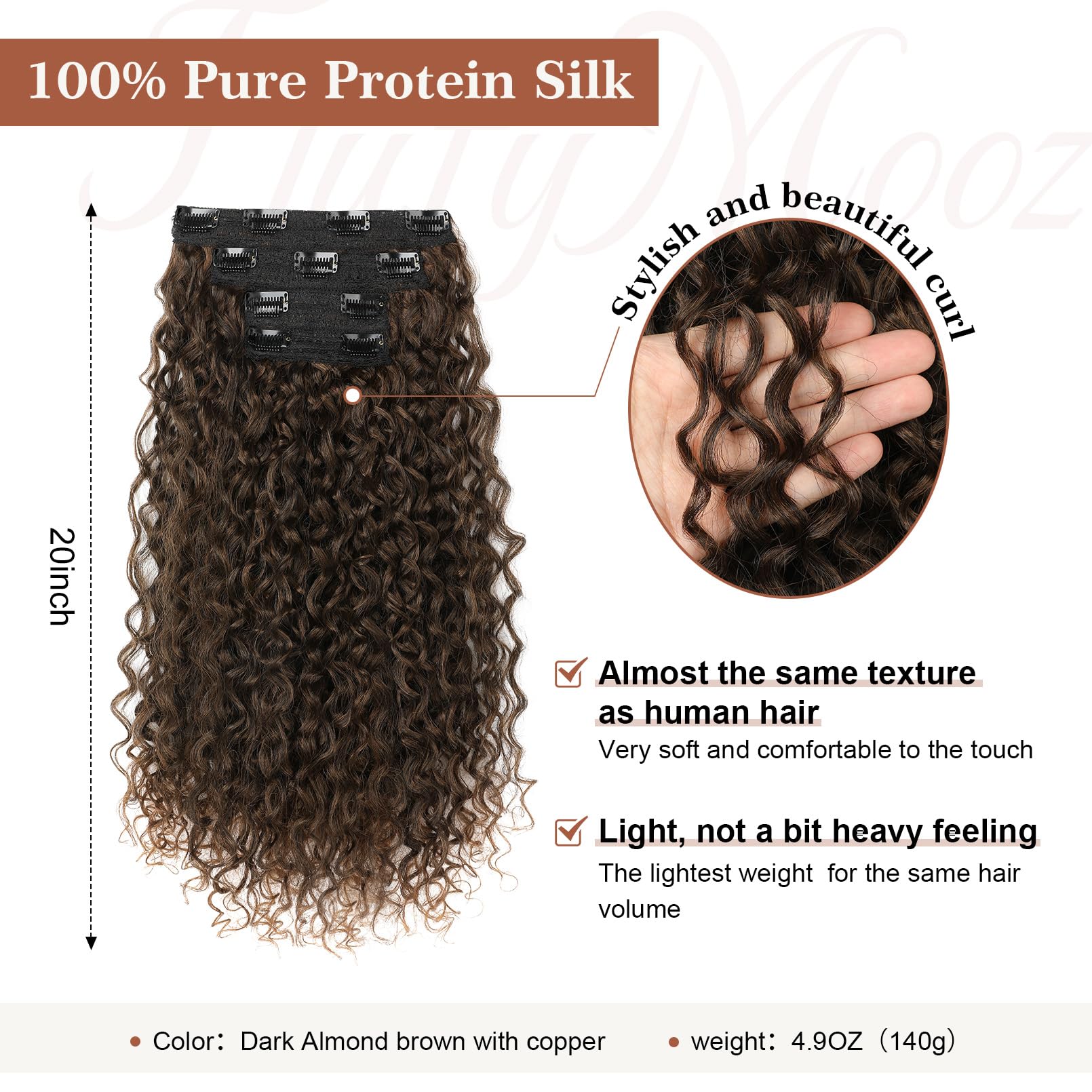 FLUFYMOOZ hair extensions Clip-in-Haarverlängerungen, 4-teilig, 100% reine Proteinseide, Haarverlängerungen, lang, weich, natürlich, 50 cm, lockige Haarverlängerung (Dunkelmandelbraun mit Kupfer)