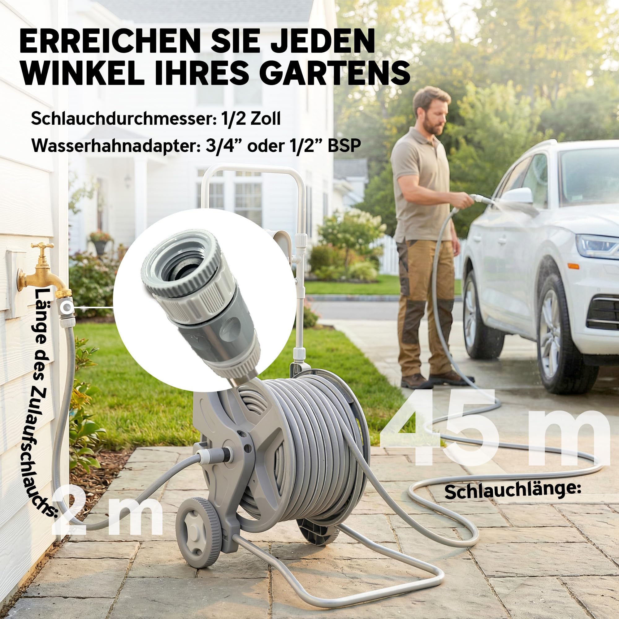 Outsunny Schlauchwagen 45 m mit 2 Sprühfunktionen 45 x 44 x 78 cm Grau | Kurbel, Schlauchführung, Wasserhahnadapter, Gartenschlauchwagen, Schlauchtrommel Schlauchabroller, für Garten Balkon