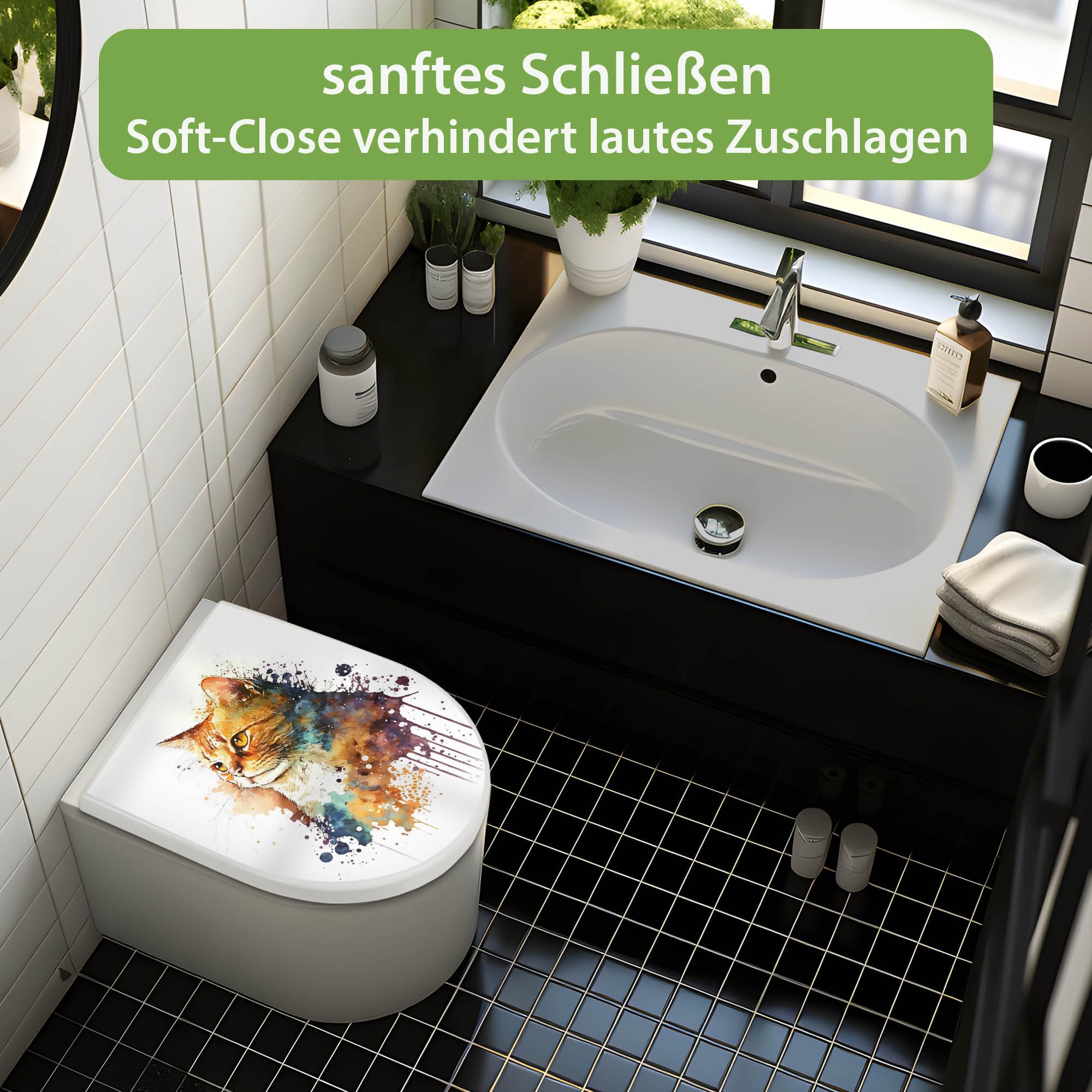 banjado WC Sitz mit Absenkautomatik D Form - Toilettendeckel mit Absenkautomatik D Form - Klodeckel Softclose - stabile Klobrille - Toilettensitz Weiß - Motiv Katzenportrait in Aquarell 1