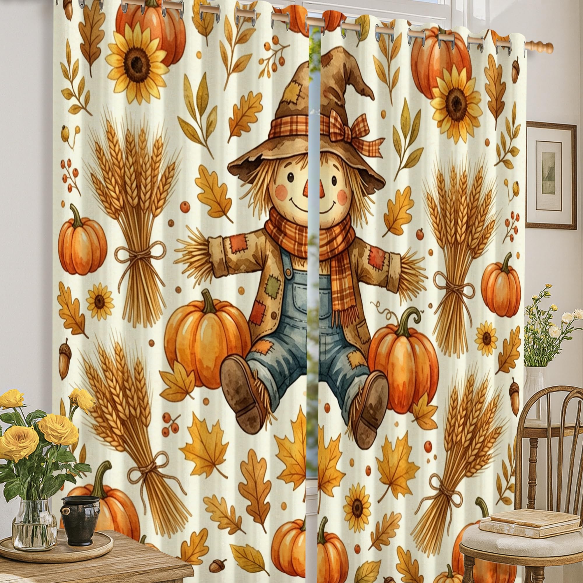 Rideaux occultants d'automne motif citrouilles et tournesol orange 132x160 cm