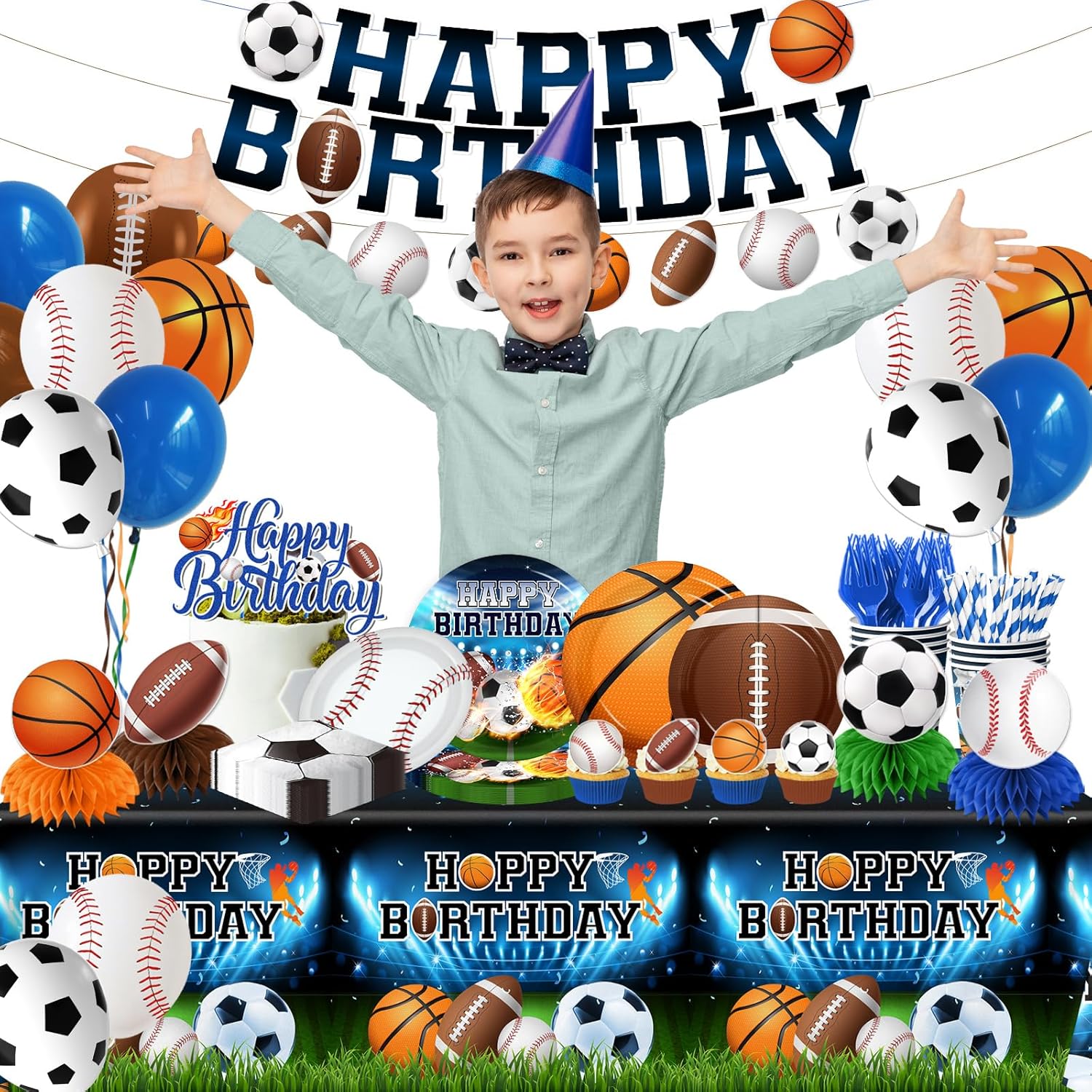 Sports Birthday Party Decorations-All Star Basketball Football Baseball Soccer Tableware Balloons Set for Boy Birthday,Serves 24
