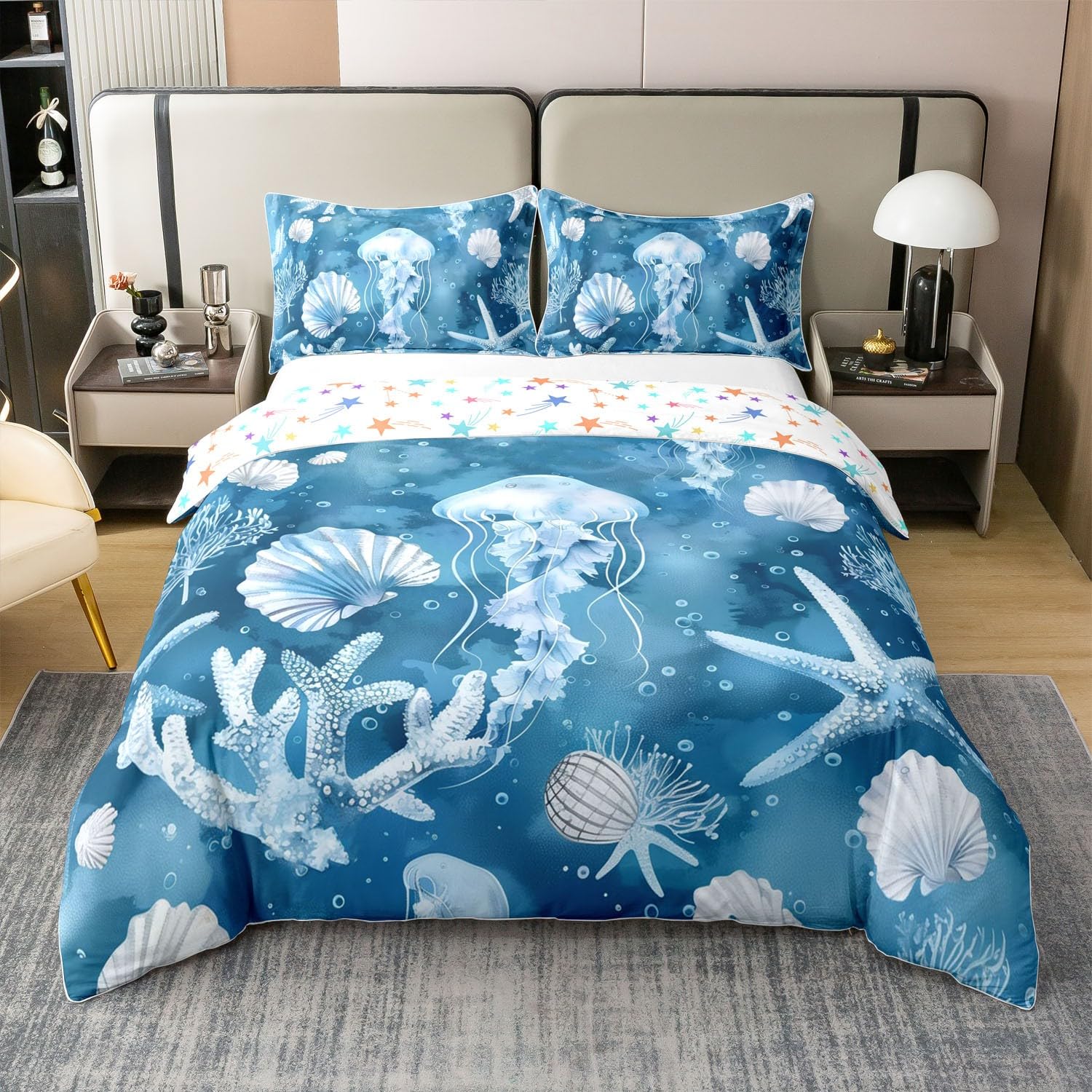 Linge de lit été coton pour chambre enfant motif océan bleu marine Manfei