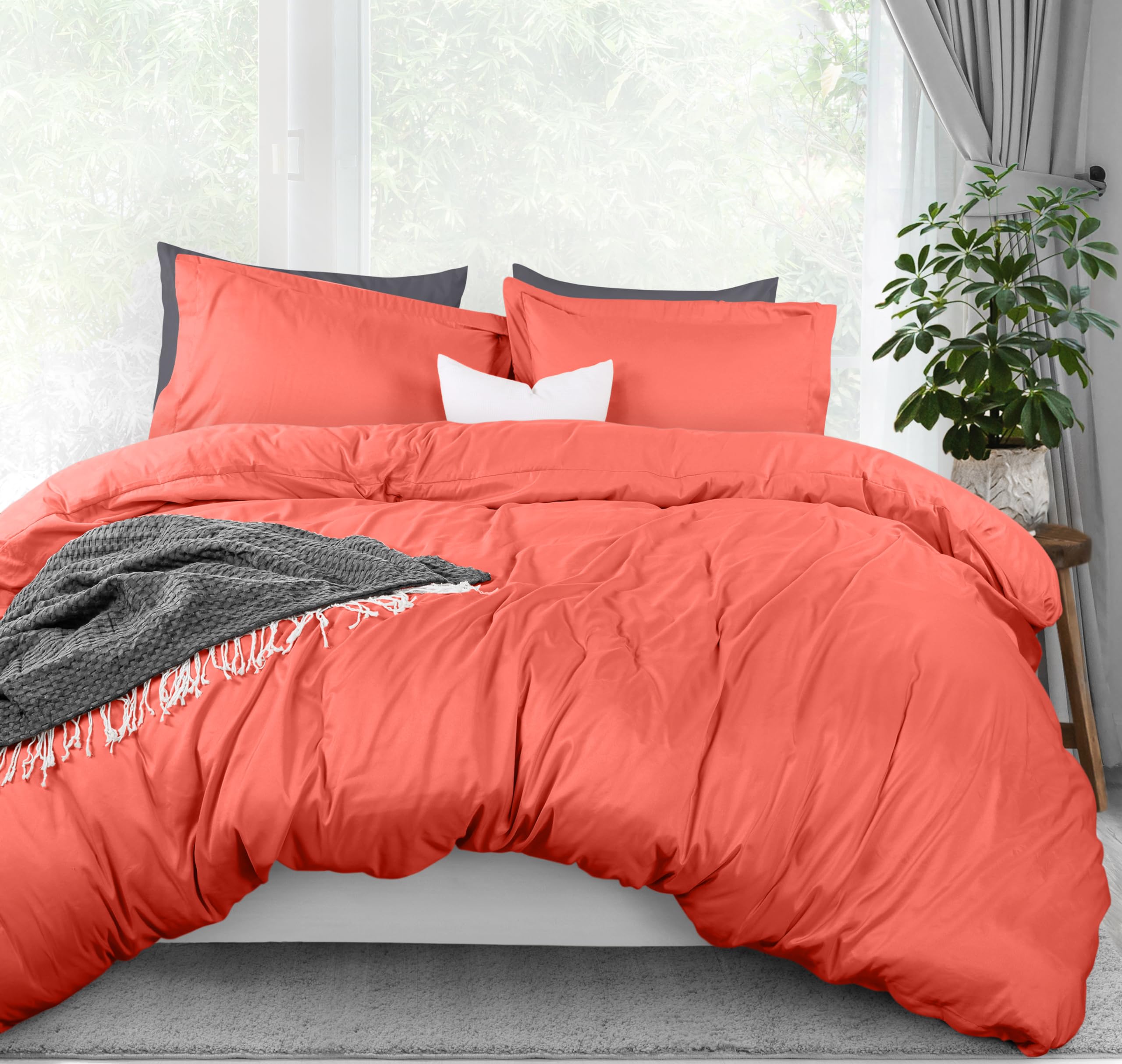 bedding duvet cover queen size - 3 piece with zipper closure - 1 comforter cover 90x90 inches & 2 pillow shams 20x26 inches (coral) comforter not included
