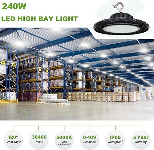 Miniatura 9 de 480V 200W UFO LED Alta Bahía Luz 600W MHHPSHID Equiv. 0-10V Dim 32000lm 5000K IP65 Bahía alta para almacén Taller Gimnasio Estadio Fábrica