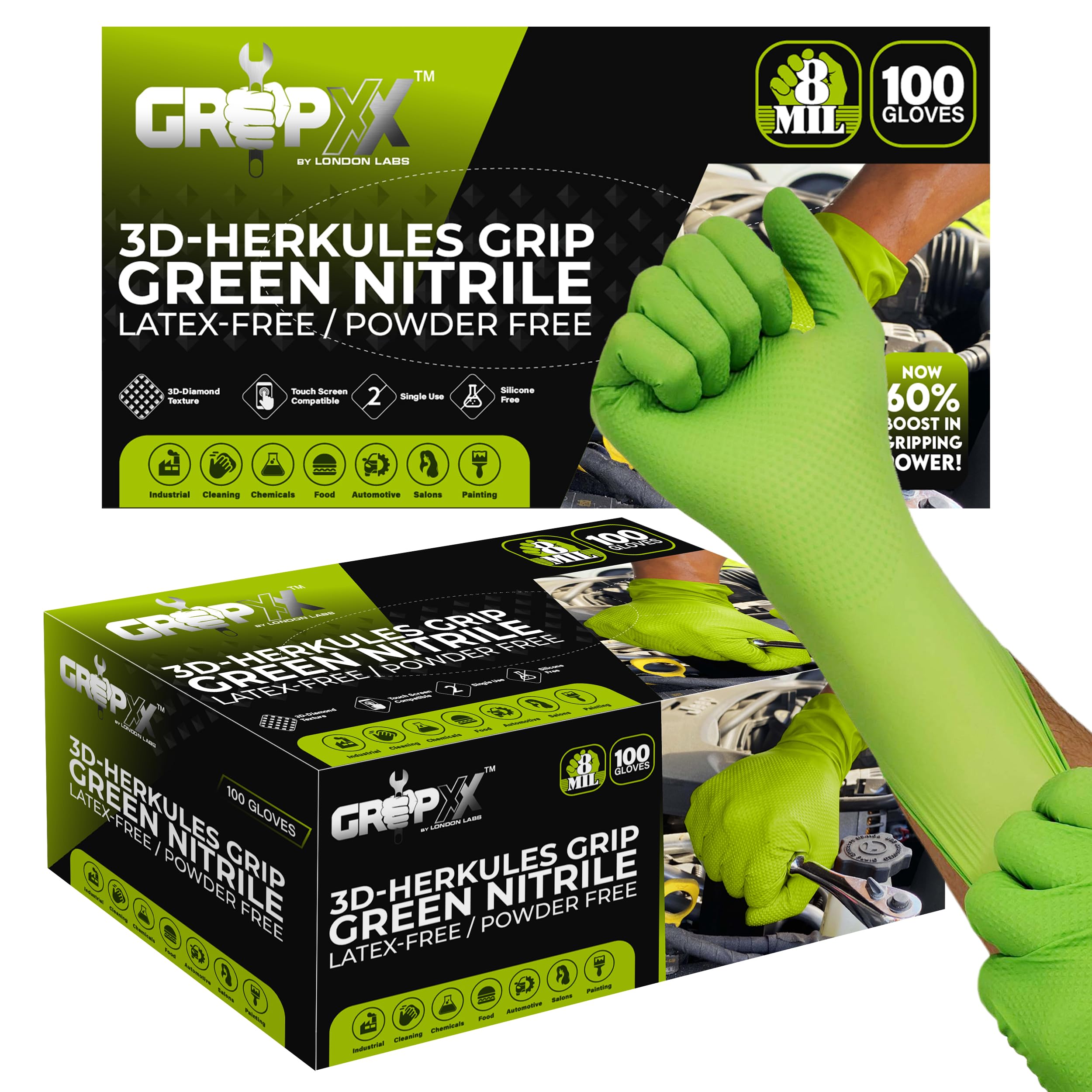 GRIPXX Herkules Grip Heavy Duty 8Mil Nitrile Gloves,3D Raised Diamond Texture-Latex &amp; Powder Free-Industrial, Mechanic