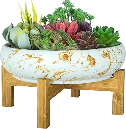 Miniatura 7 de ARTKETTY Maceta grande para suculentas, maceta grande con soporte, maceta de cerámica para bonsái de 10 pulgadas con drenaje redondo de mármol y