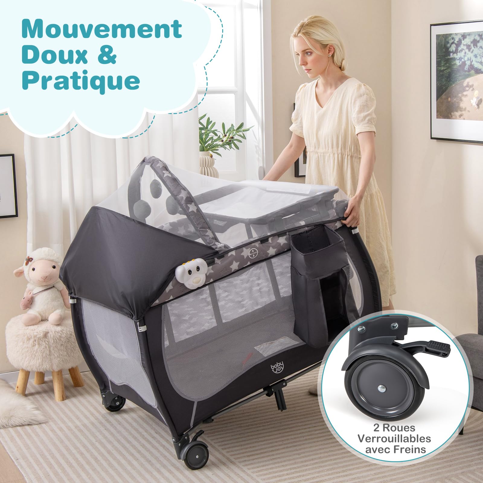 DREAMADE 4 en 1 Lit Parapluie Bébé 102x72x74CM avec Matelas&Moustiquaire Lit de Voyage Tout-Petites 0-3 Ans avec Porte-Couche,Roue Verrouillable,Table à Langer,Boîte à Musique,Charge 15KG (Étoilé)