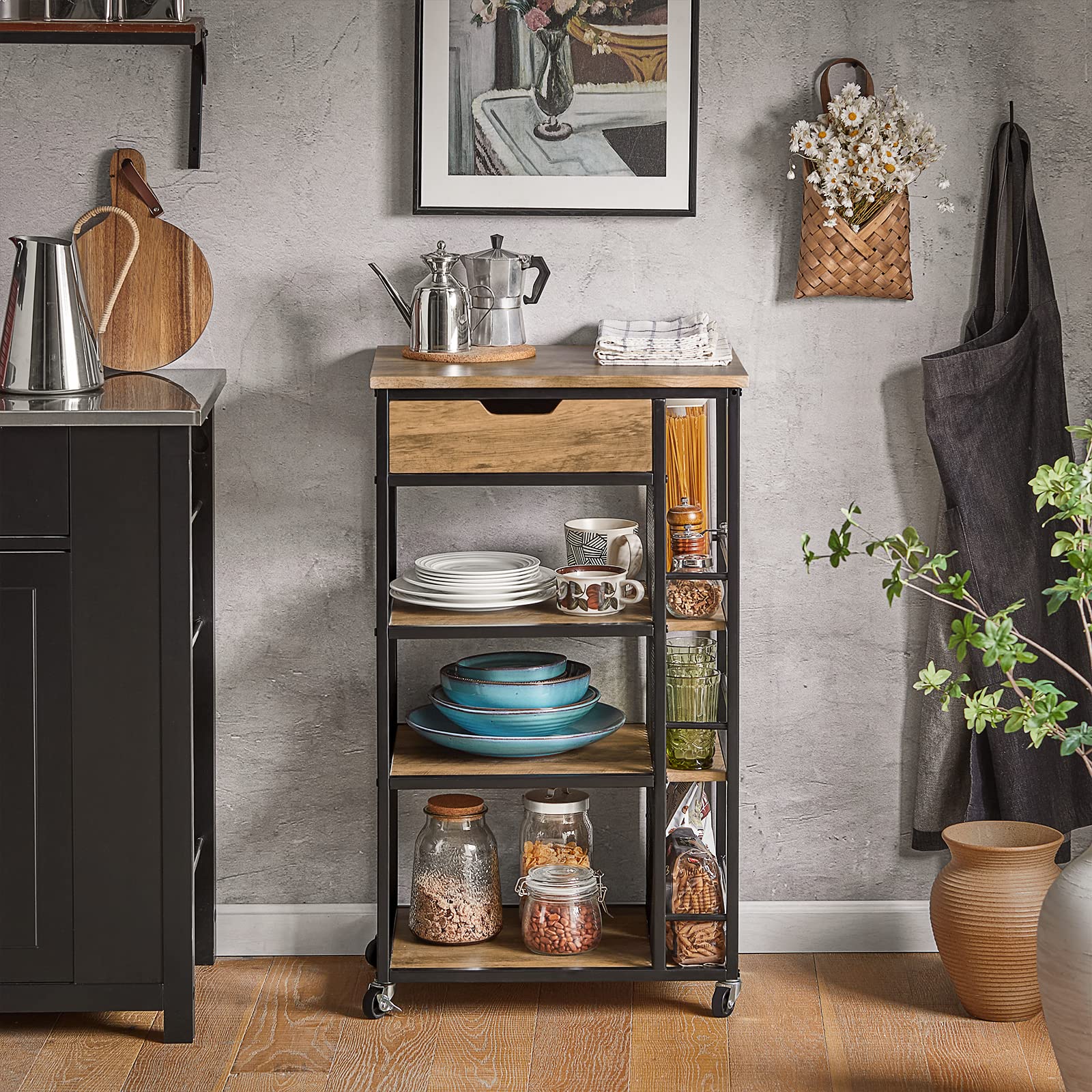 SoBuy Carrello Cucina con Ruote, Mobiletto Cucina Salvaspazio con 1 Cassetto, 3 Ripiani e Ripiani Laterali, Credenza Cucina o Bagno, Mobiletto Cucina Dispensa Stile Vintage 50 x 37 x 87 cm FKW99-N