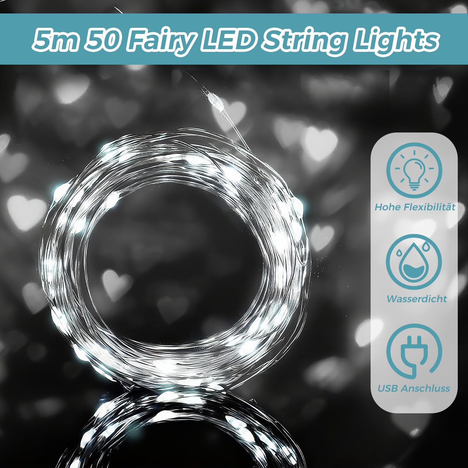 ALEGRE LED Fairy Lights with USB, 5 m, 50 LED Copper Wire Fairy Lights with Plug, Waterproof, Cool White Fairy Lights - Image 2