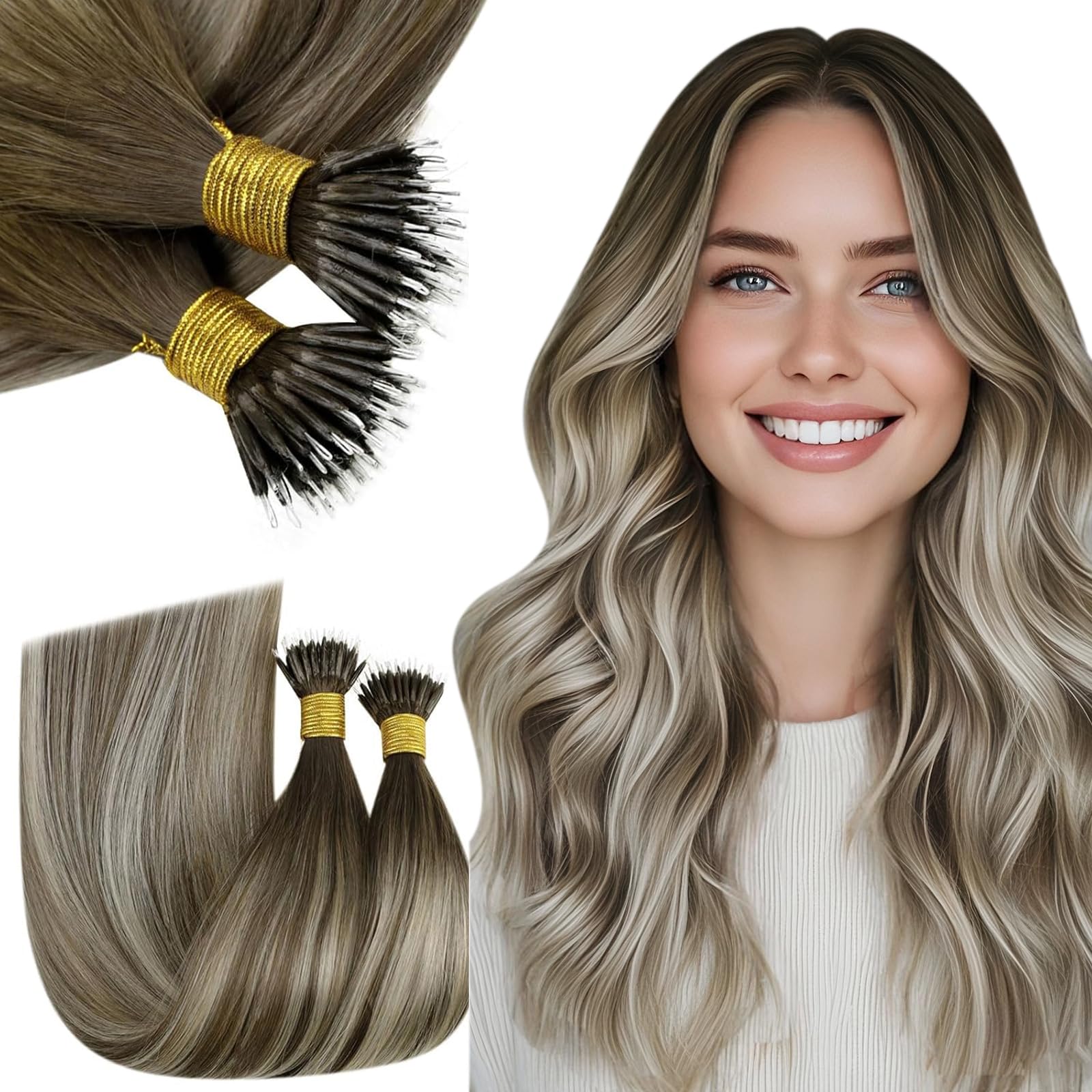 RUNATURE Pre Bonded Extensions Echthaar Braun Balayage Blond 60cm 50g 50s #3/8/22