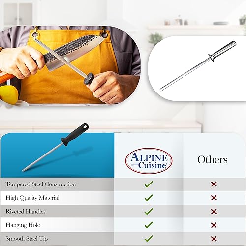Miniatura 7 de Alpine Cuisine Afilador de cuchillos de acero templado de 8 pulgadas con mango ergonómico, varilla profesional para afilar cuchillos y duraderas,