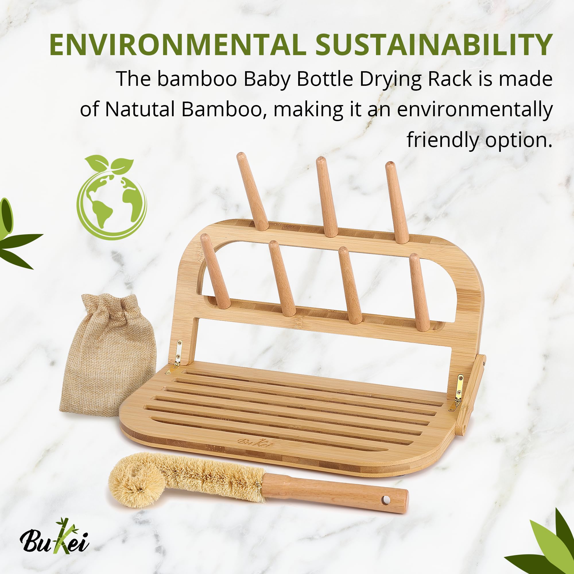 Estante de secado de botellas de bambú que incluye cepillo para botellas, ahorro de espacio, soporte para botellas de cocina para tazas, vidrio, accesorios y suministros de alimentación, estante para