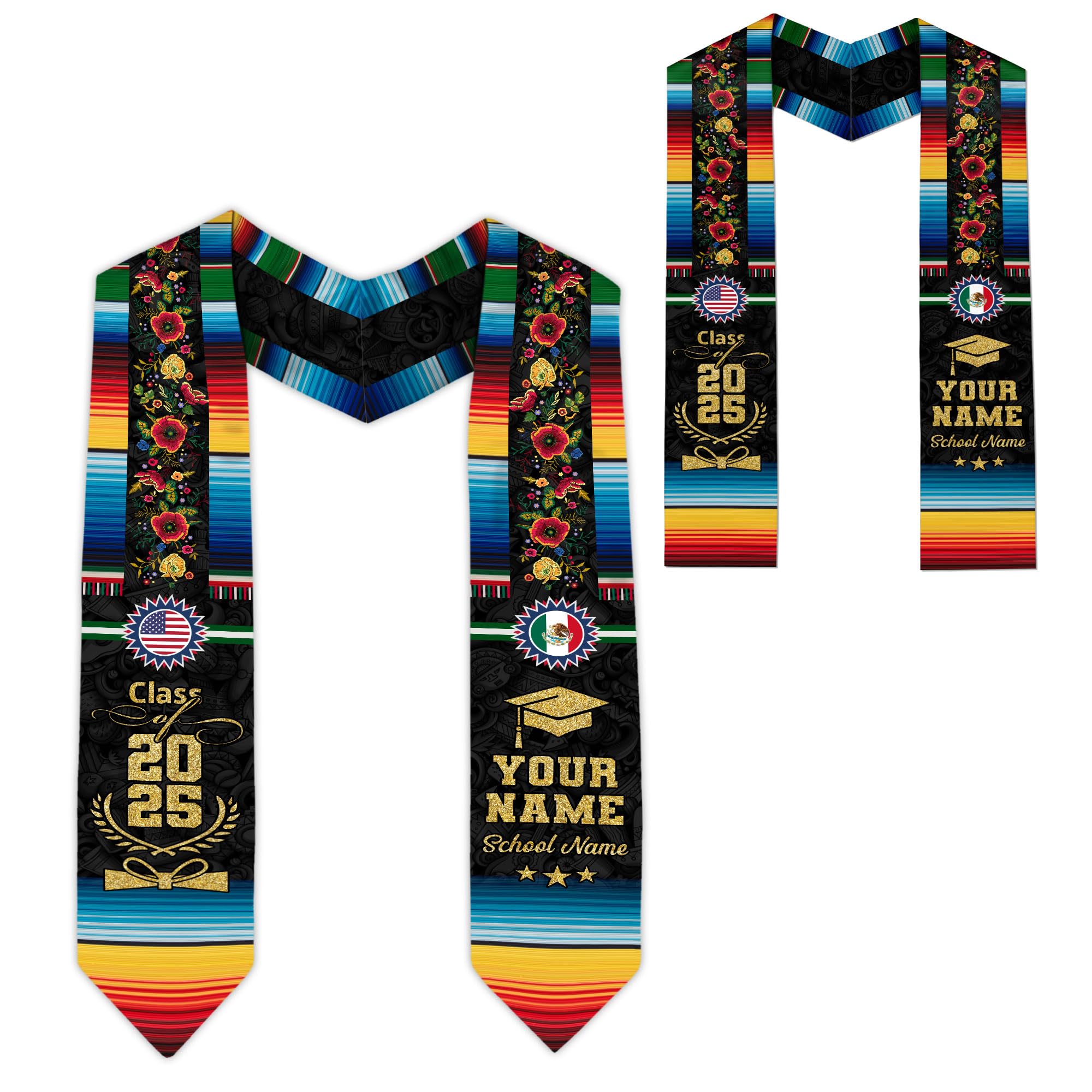MonkeyVan Custom Mexican Graduation Sash Mexico Graduation Stole 2025 Mexican American Flag Graduation Sash Mexican Graduation M37