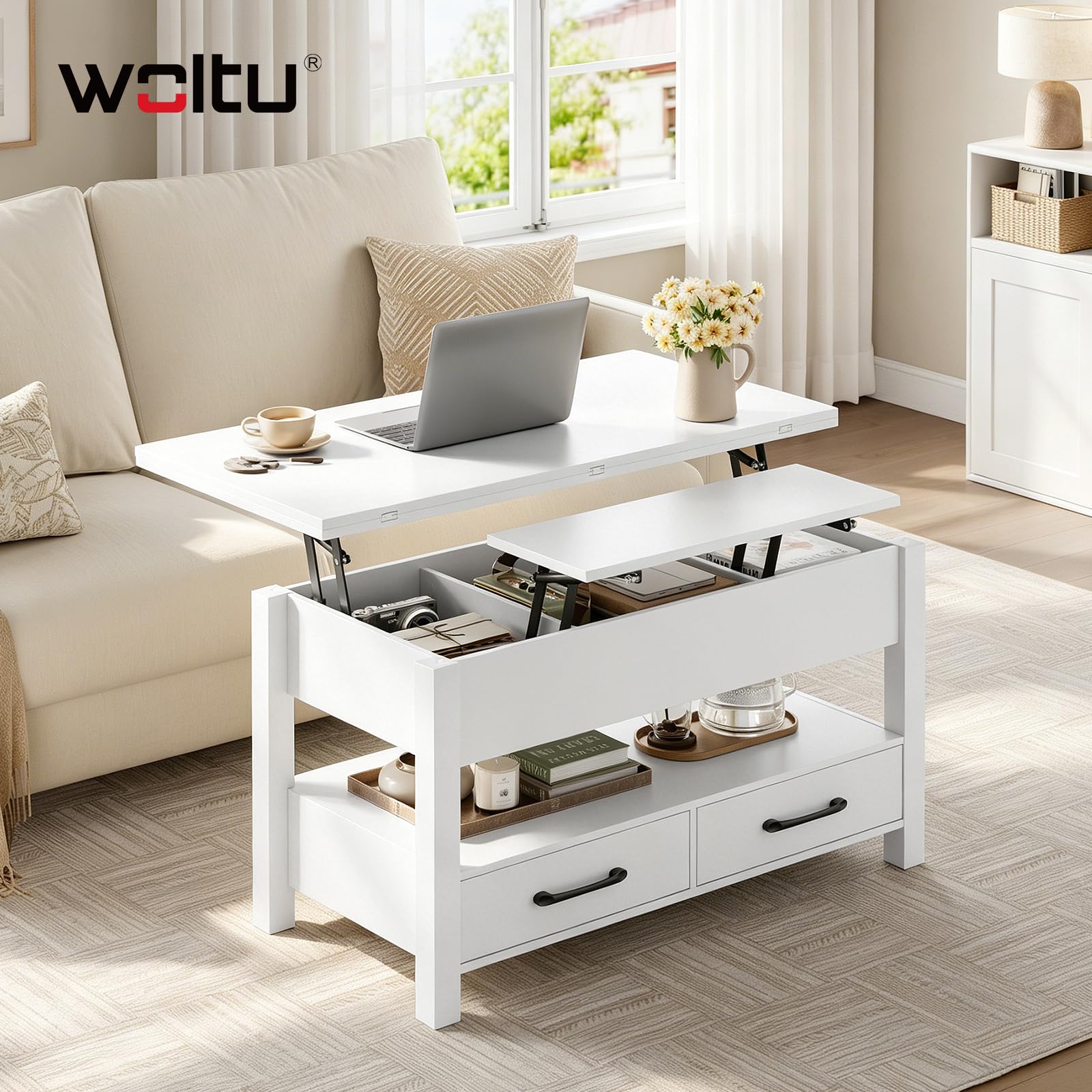 WOLTU Mesa de Centro Elevable, Mesita Salon con Espacio Oculto, Zona Abierta y 2 Cajones, Mesa Salón Elevador y Extensible, Multifuncional para Sala y Estudio, 100x50,5/100x53/66 cm, Blanco