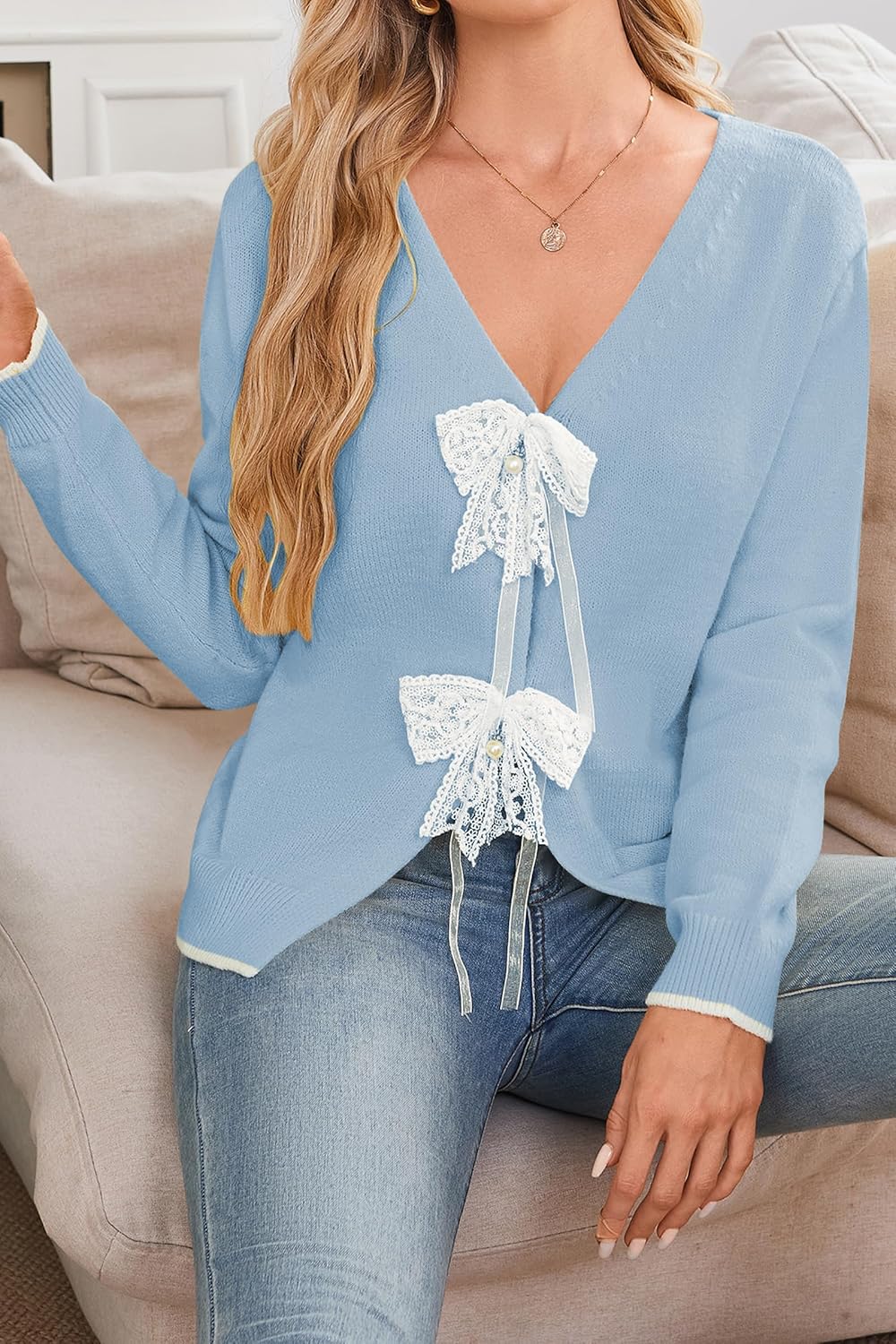 Cakulo Womens Bow Tie Sweater V Neck Cardigan Sweaters 2026 Lightweight Spring Fashion Knit Cardigans Outfits - Image 5