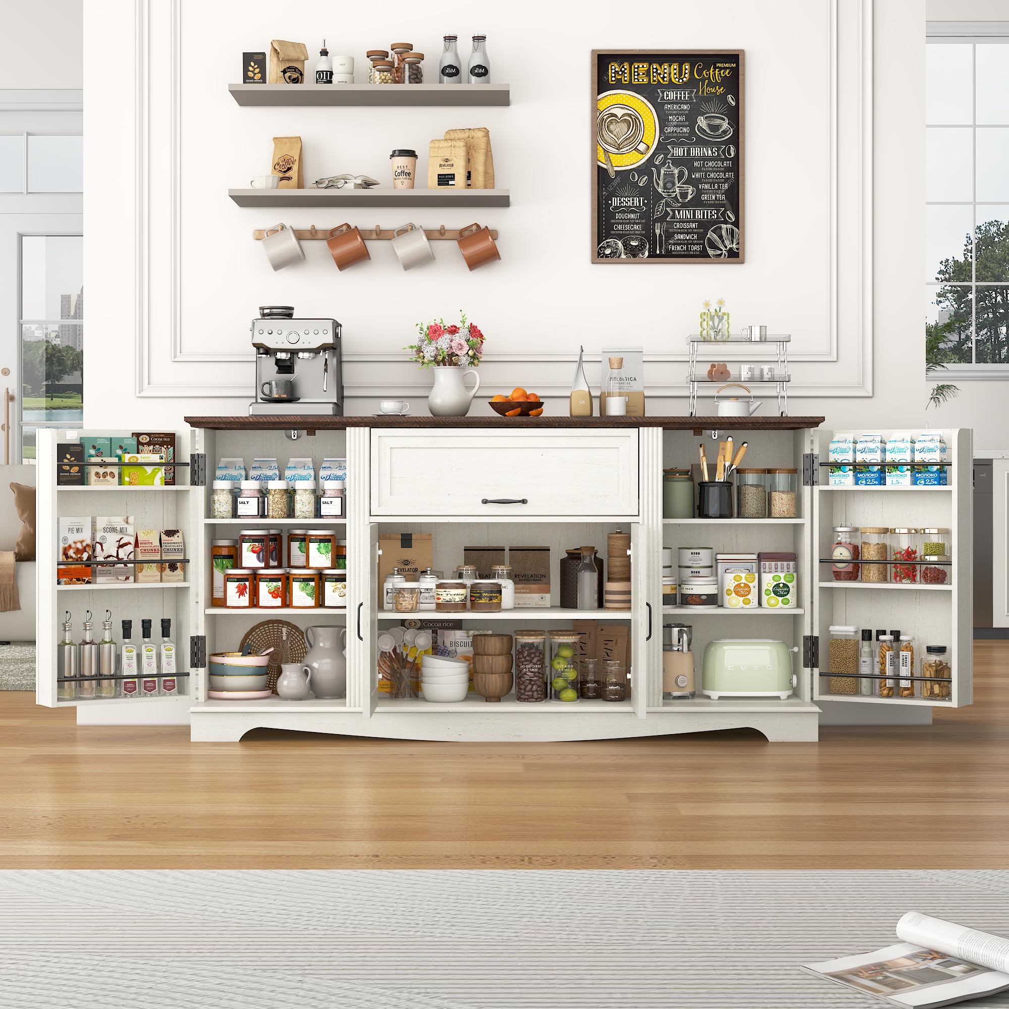 65 inch Sideboard Buffet Cabinet in Antique White