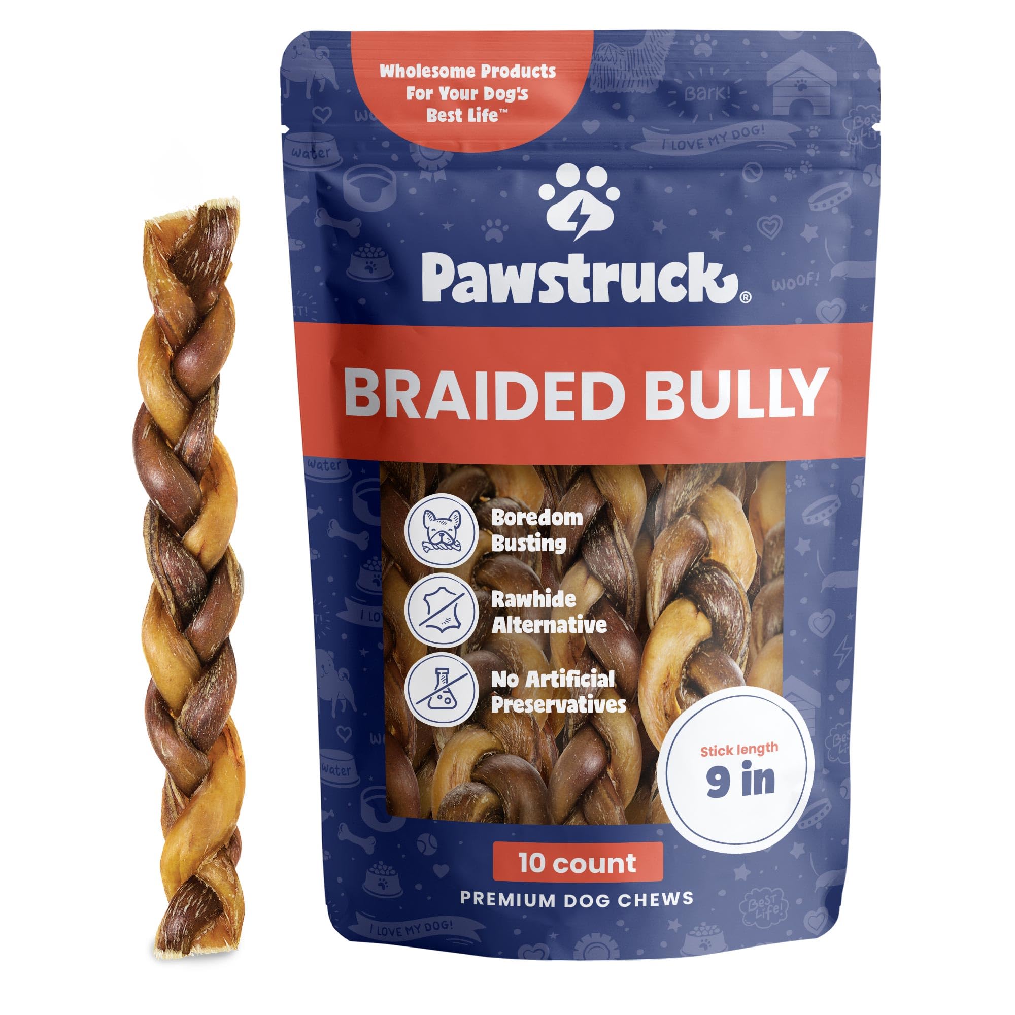 Pawstruck Natural 9 Braided Bully Sticks for Dogs - Tough Long-Lasting Rawhide-Free Low Odor Healthy Single Ingredient Chew