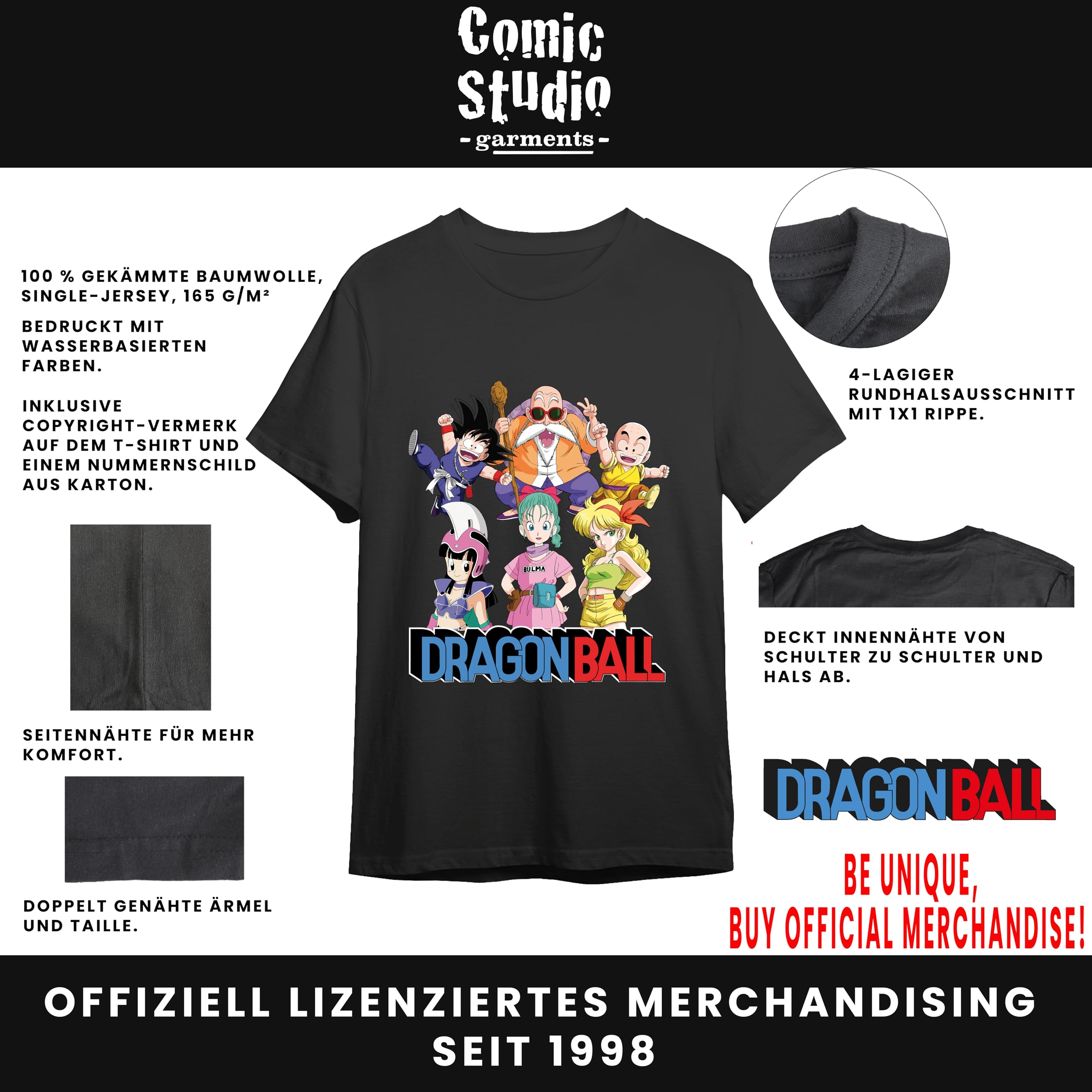 Dragon Ball Goku, Krillin, Bulma, Chichi, Kamesennin Black Short Sleeve T-Shirt T-Shirt Unisex Adulto (Pack de 1)