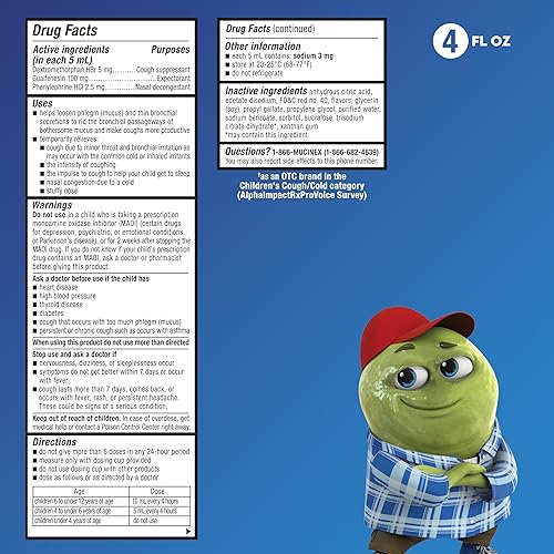 Miniatura 3 de Mucinex Líquido de alivio del resfriado multisíntoma para niños, alivia la congestión nasal, la congestión del pecho, la tos y el moco, expectorante