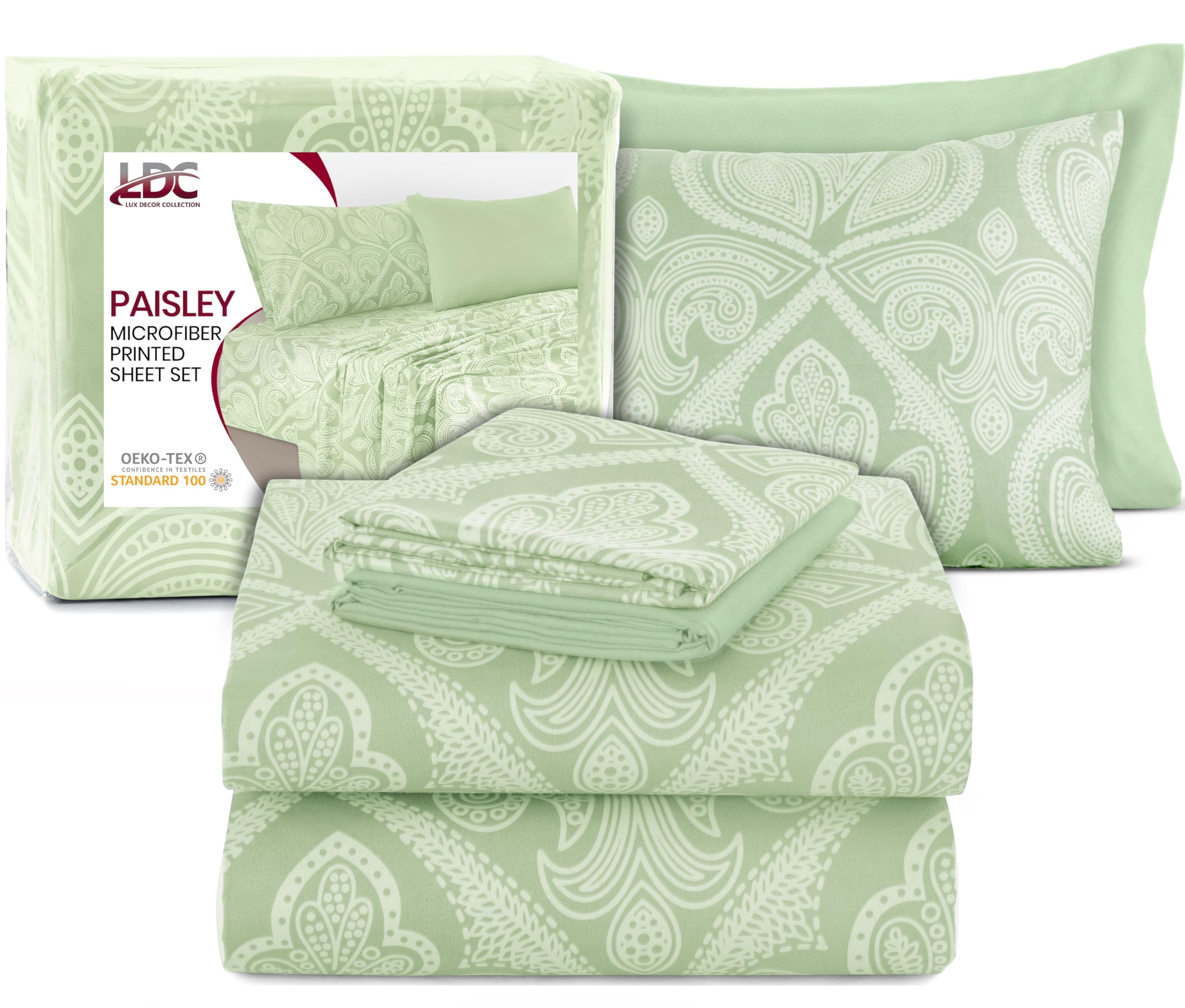 Ultra Soft Wrinkle-Free Microfiber Paisley King Sheet Set, Breathable Boho Bed Sheet Set – 16" Deep Pocket Fitted Sheet, Flat Sheet & 4 Pillowcases, Juegos de Sábanas, OEKO-TEX - Sage Green