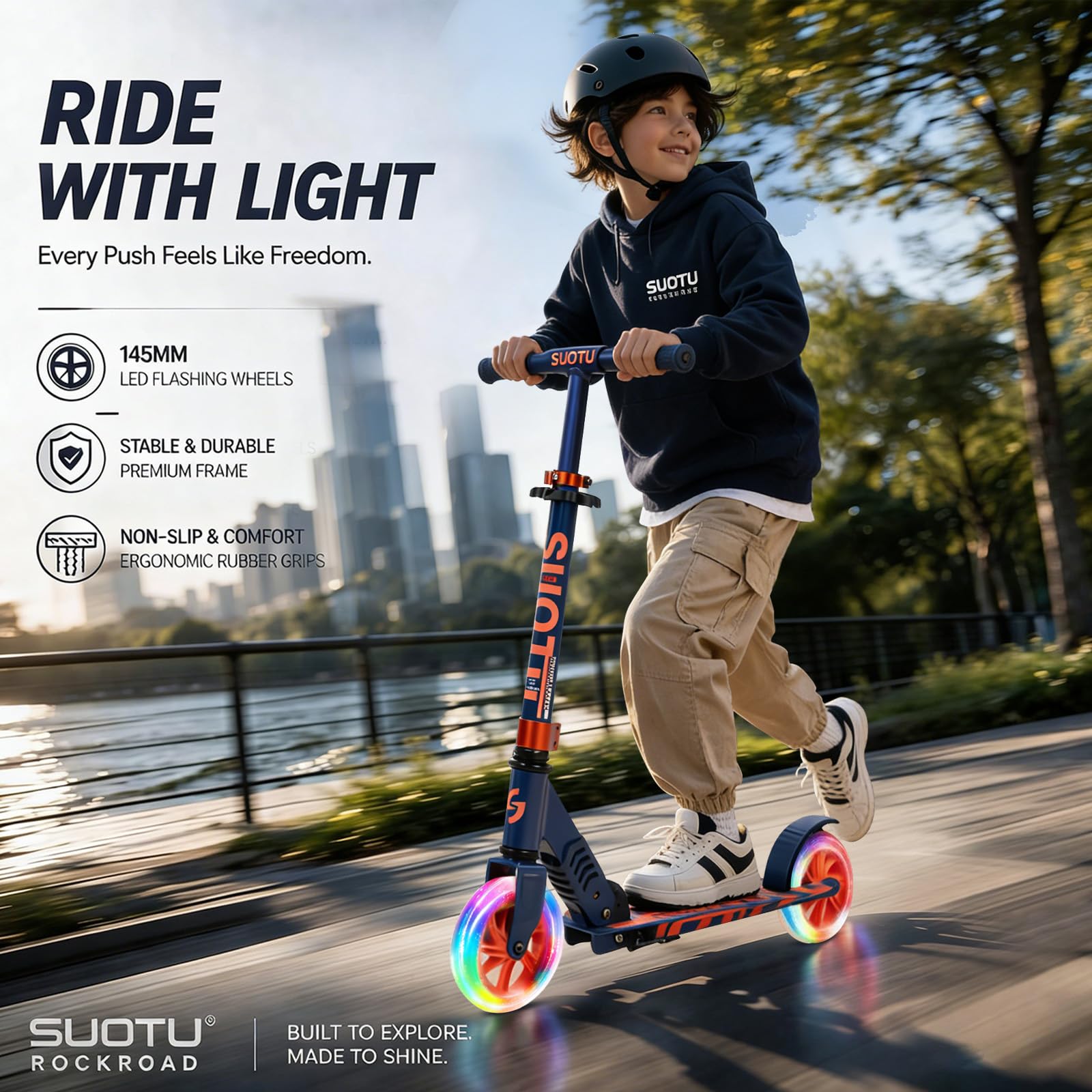 Monopattino con Ruote luminose da 145 mm, Capacità: 100 kg, Pieghevole, Regolabile in Altezza, Scooter per Bambini 3-12 Anni, Alluminio