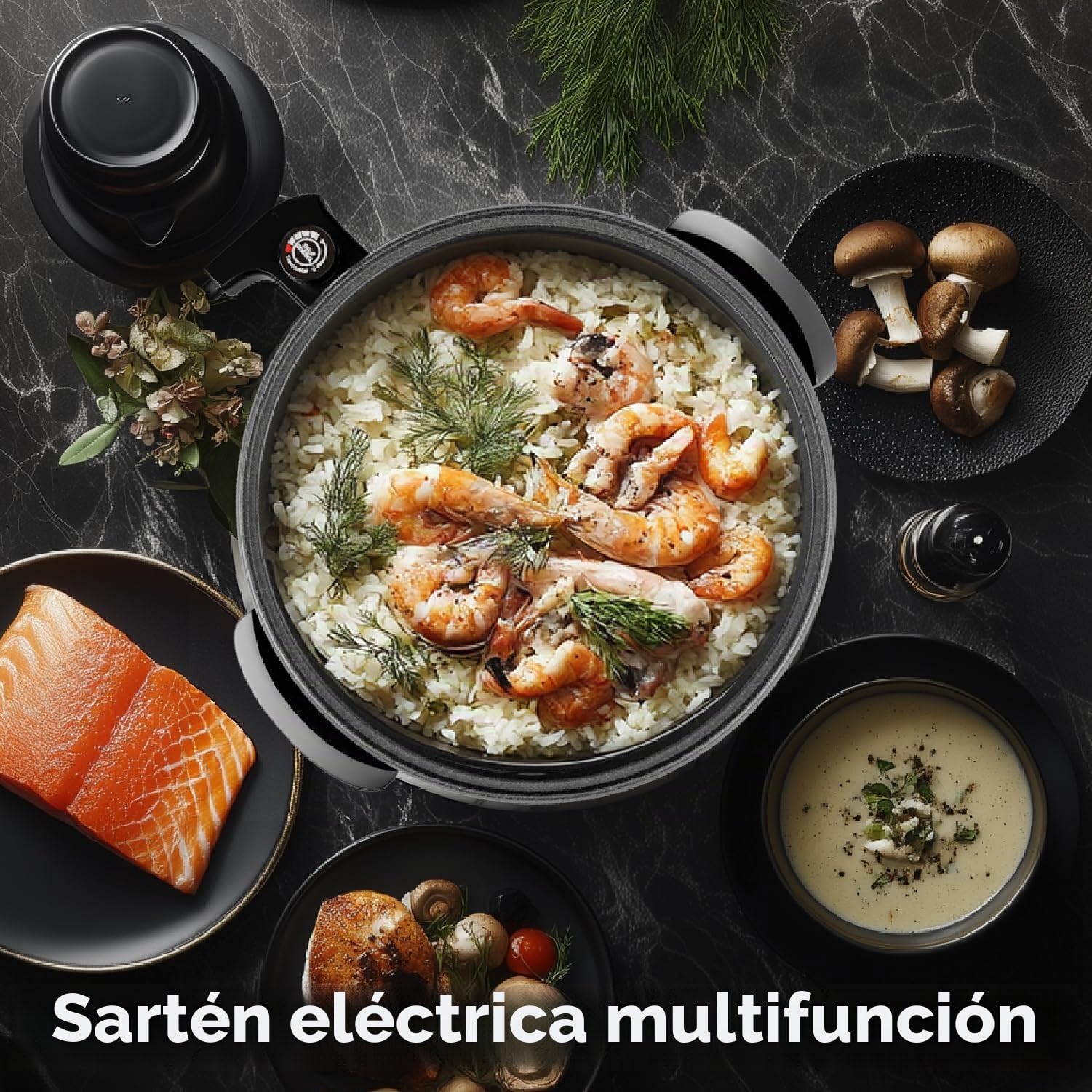 Sartén multifunción de 9,6 litros, con tapa, 42 x 7 cm, 1500 W, sartén eléctrica para pizza, sartén eléctrica para fiestas