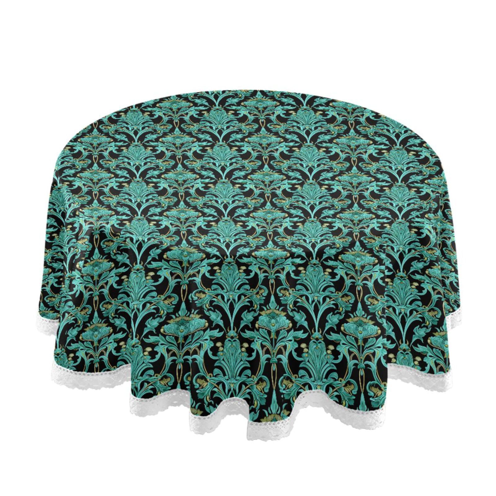 Nappe ronde turquoise William Morris 152 cm lavable en machine avec bordure dentelle