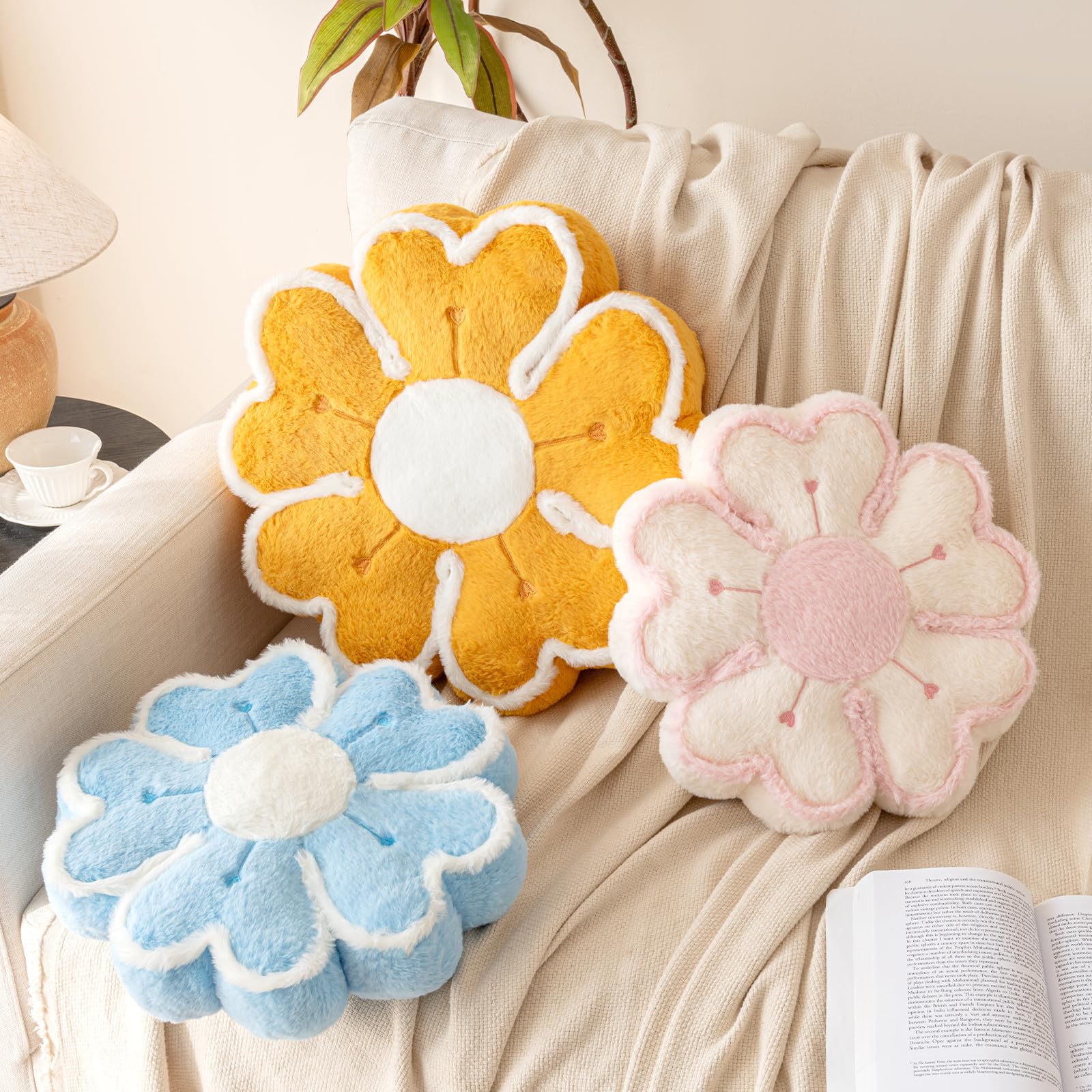Almohada de flores, cojín decorativo en forma de flor para cama y sofá, lindas almohadas de felpa para decoración del hogar, almohada de suelo (azul, 17.7 pulgadas)