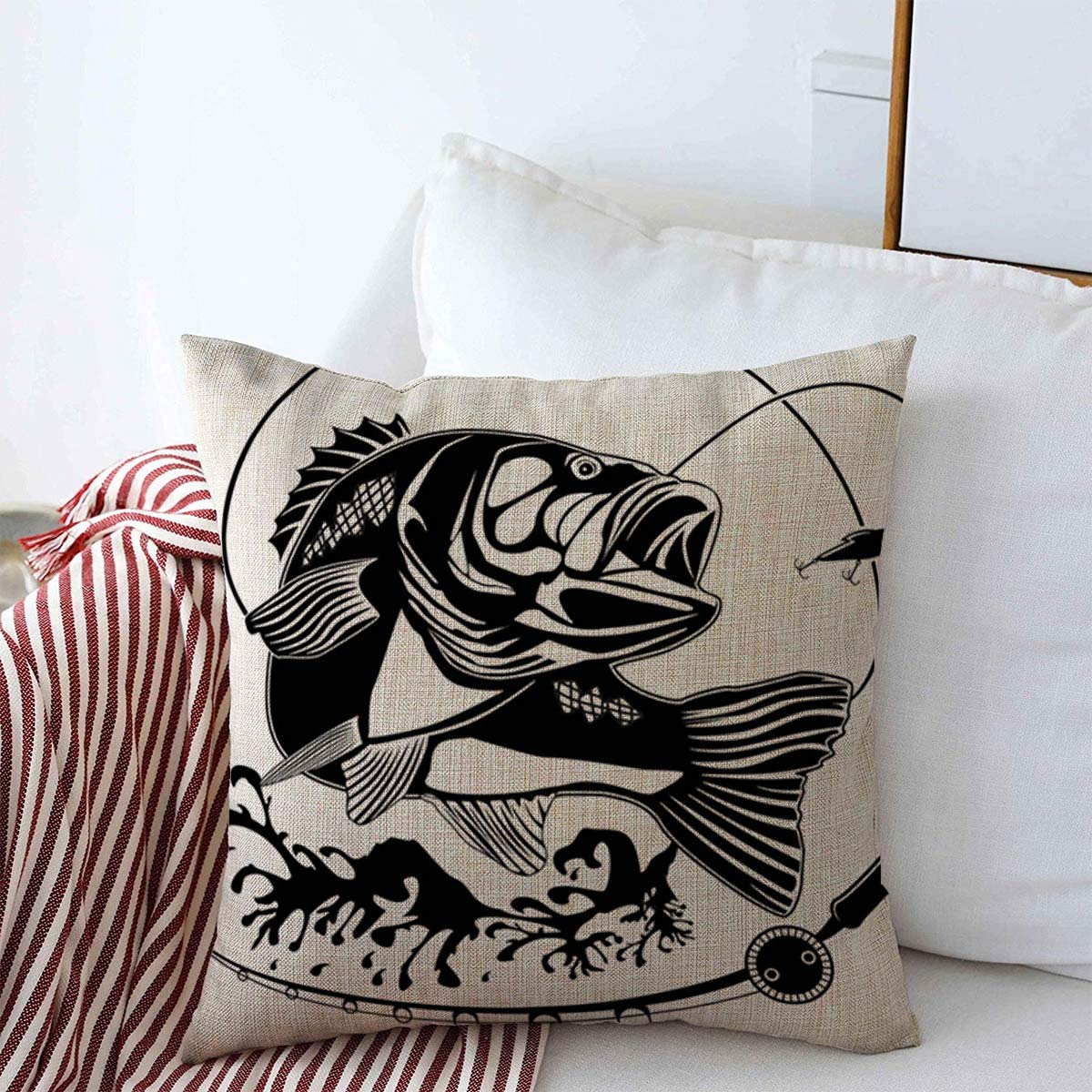 Throw Pillows Cover 20 x 20 Inches Fisherman Perch Fish Fishing Classic Rod Animals Wildlife Tuna Nature Retro Hook Lake Lure Saltwater Cushion Case Cotton Linen for Fall Home Decor