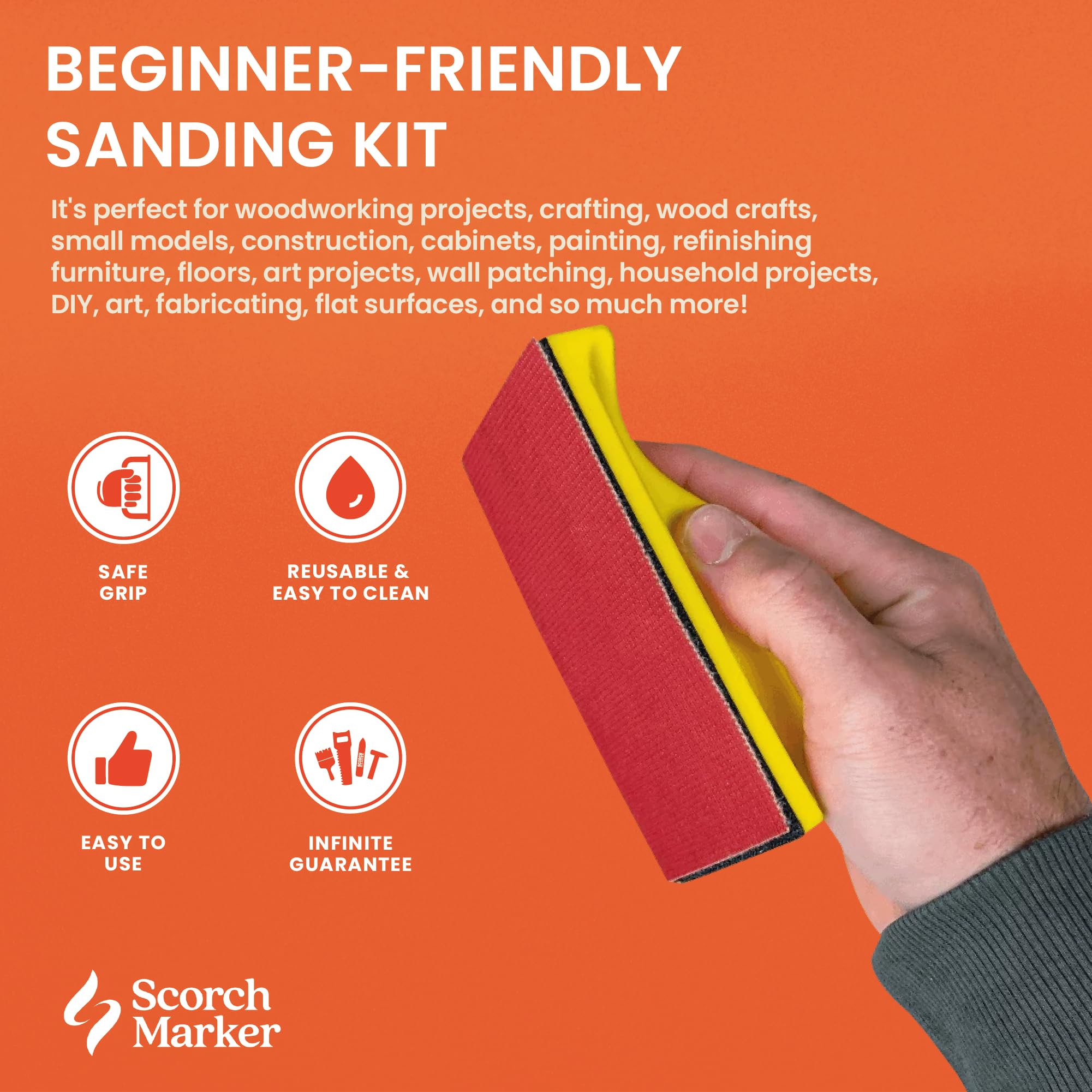 Scorch Marker Kit de lijadora de mano, juego de bloques de lijado con sistema de red de malla duradera y mango ergonómico, kit de papel de lija reutilizable para proyectos de bricolaje